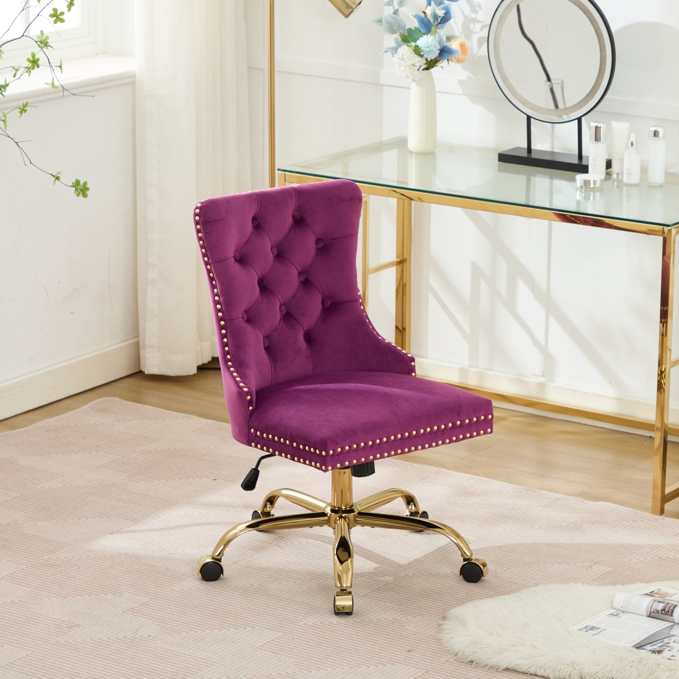 Noble House Velvet Office Chair, Tufted Adjustable Desk Chair with Gold Metal Base, 360° Swivel, Purple