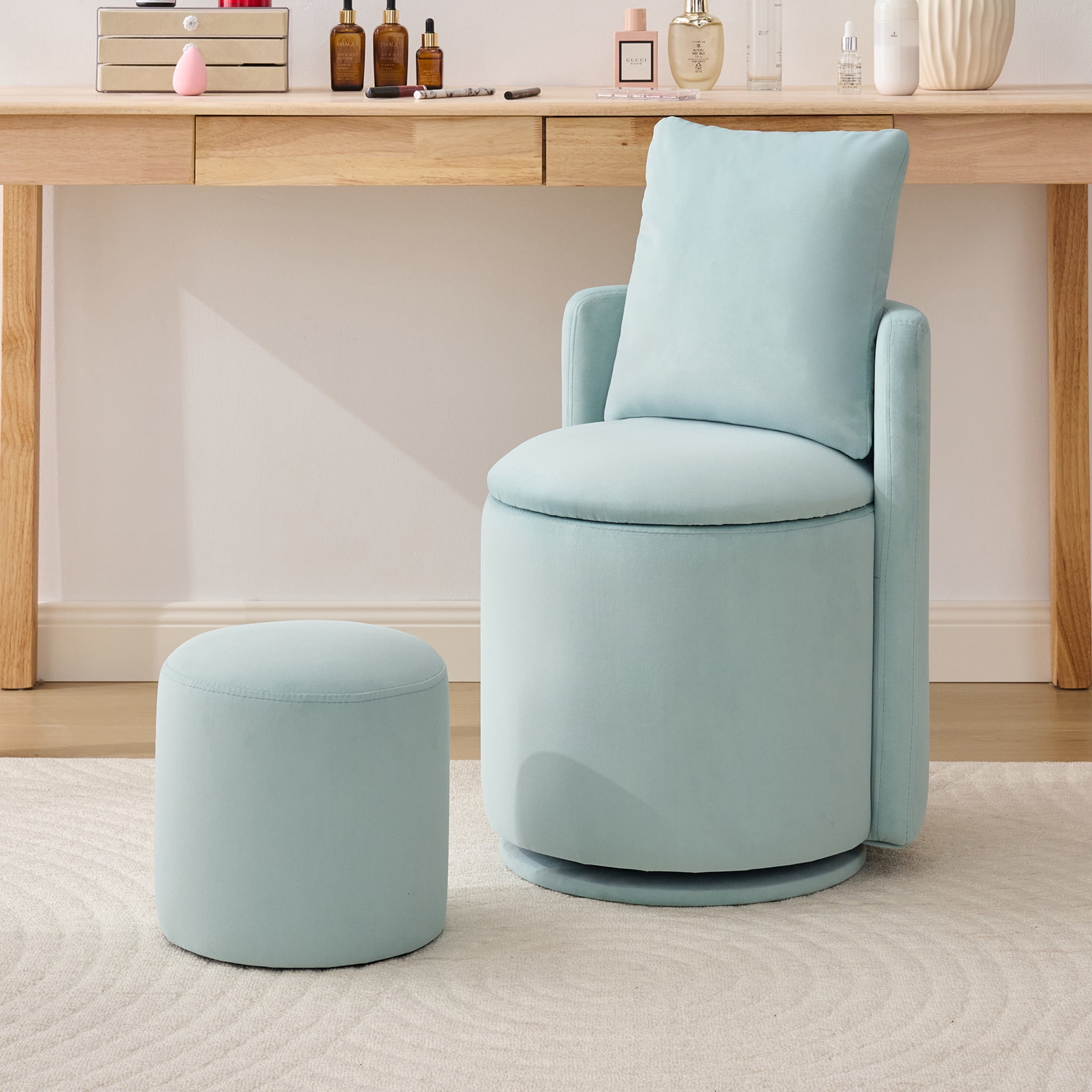 Noble House Velvet Swivel Accent Chair with Ottoman & Toss Pillow, Storage Barrel Chair, Aqua