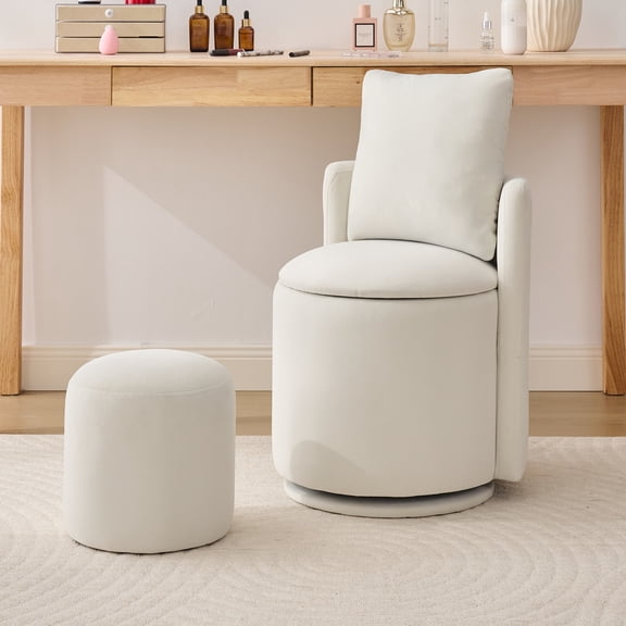 Noble House Velvet Swivel Accent Chair with Ottoman & Toss Pillow, Storage Barrel Chair, Beige