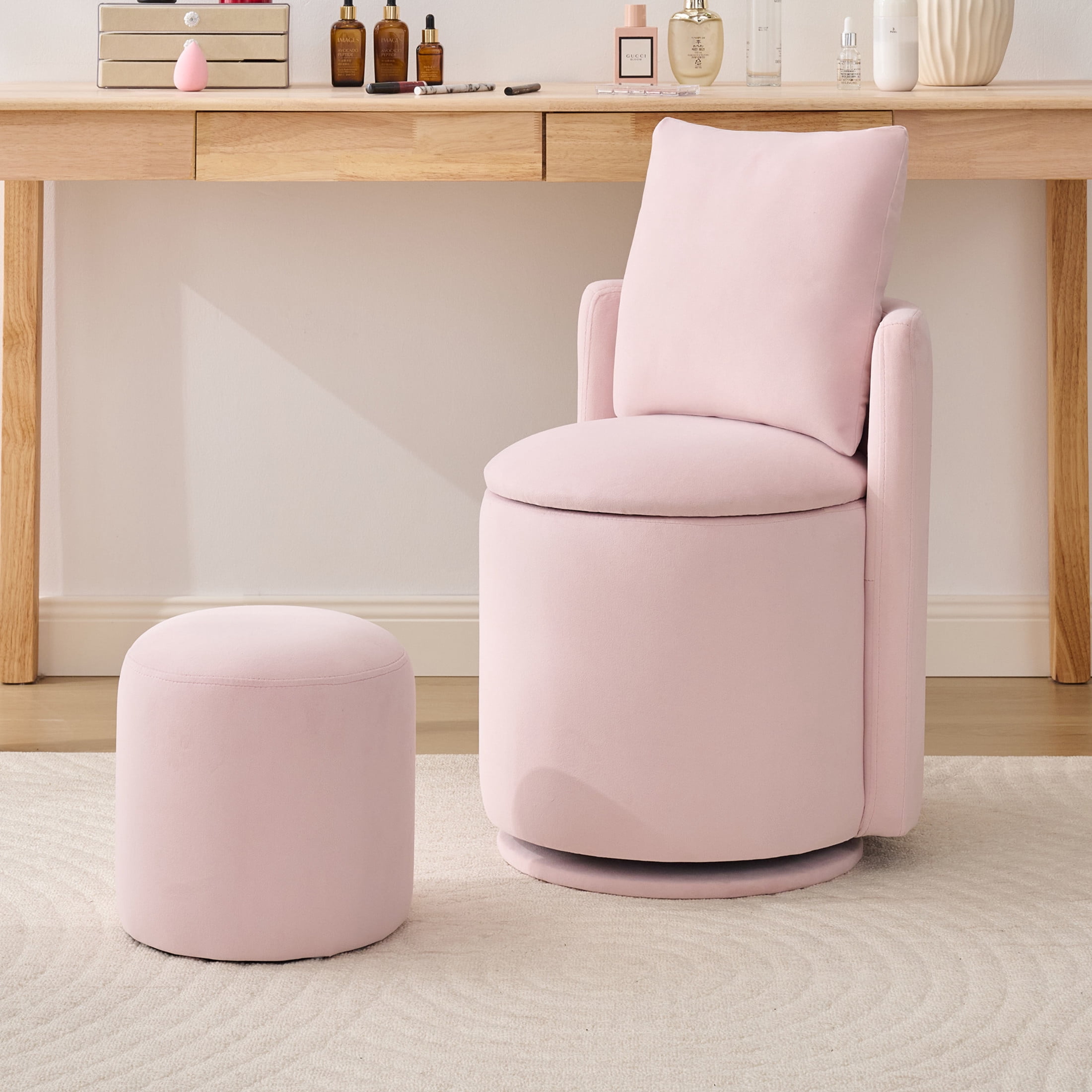 Noble House Velvet Swivel Accent Chair with Ottoman & Toss Pillow, Storage Barrel Chair, Pink