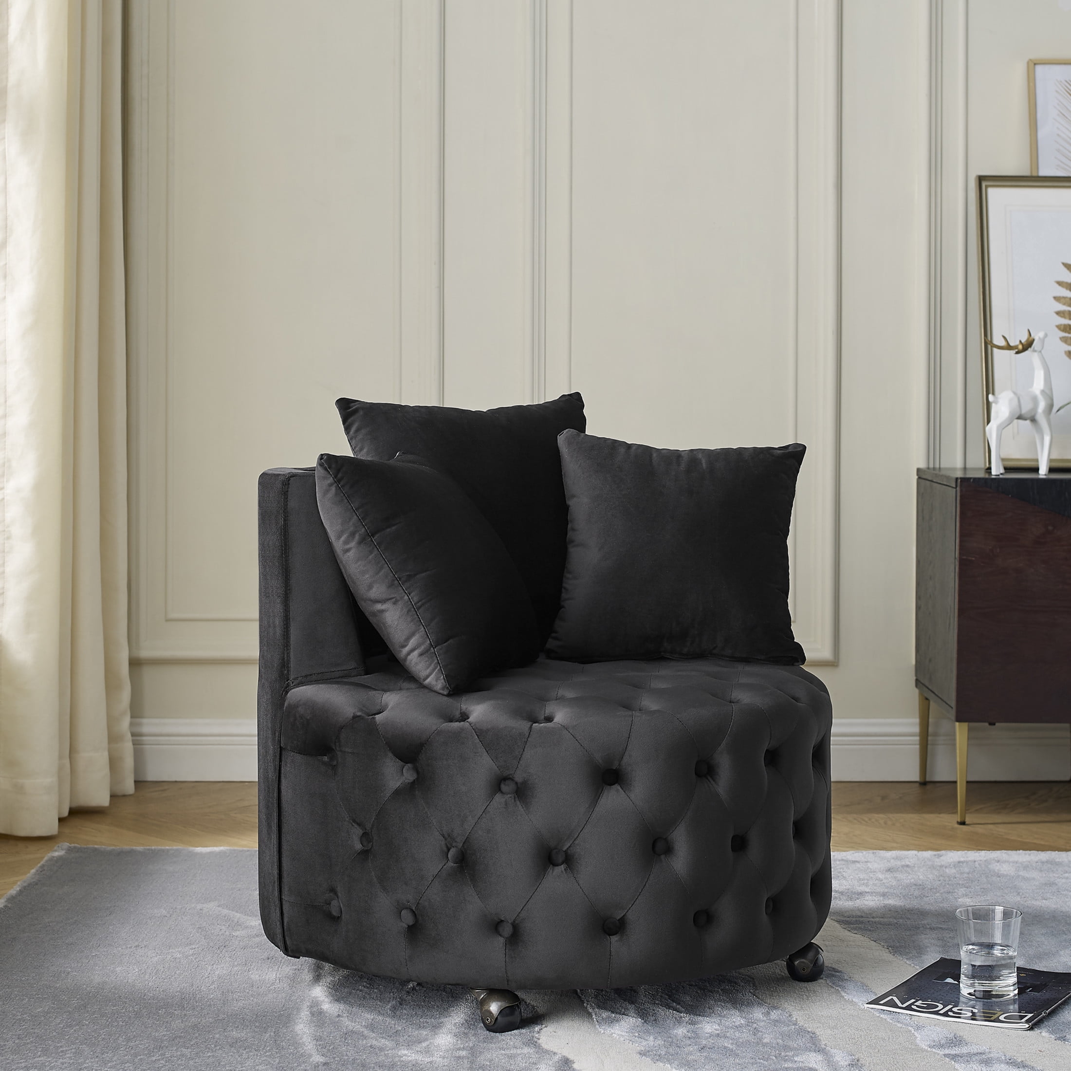 Noble House Velvet Upholstered Swivel Chair, Button Tufted Design with Movable Wheels and 3 Matching Pillows, Comfortable Accent Chair for Living Room, Black
