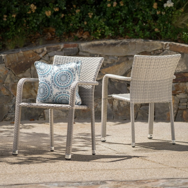 Noble House Vera Outdoor Wicker Armed Stacking Chairs with an Aluminum Frame Set of 2 Chateau Grey Walmart