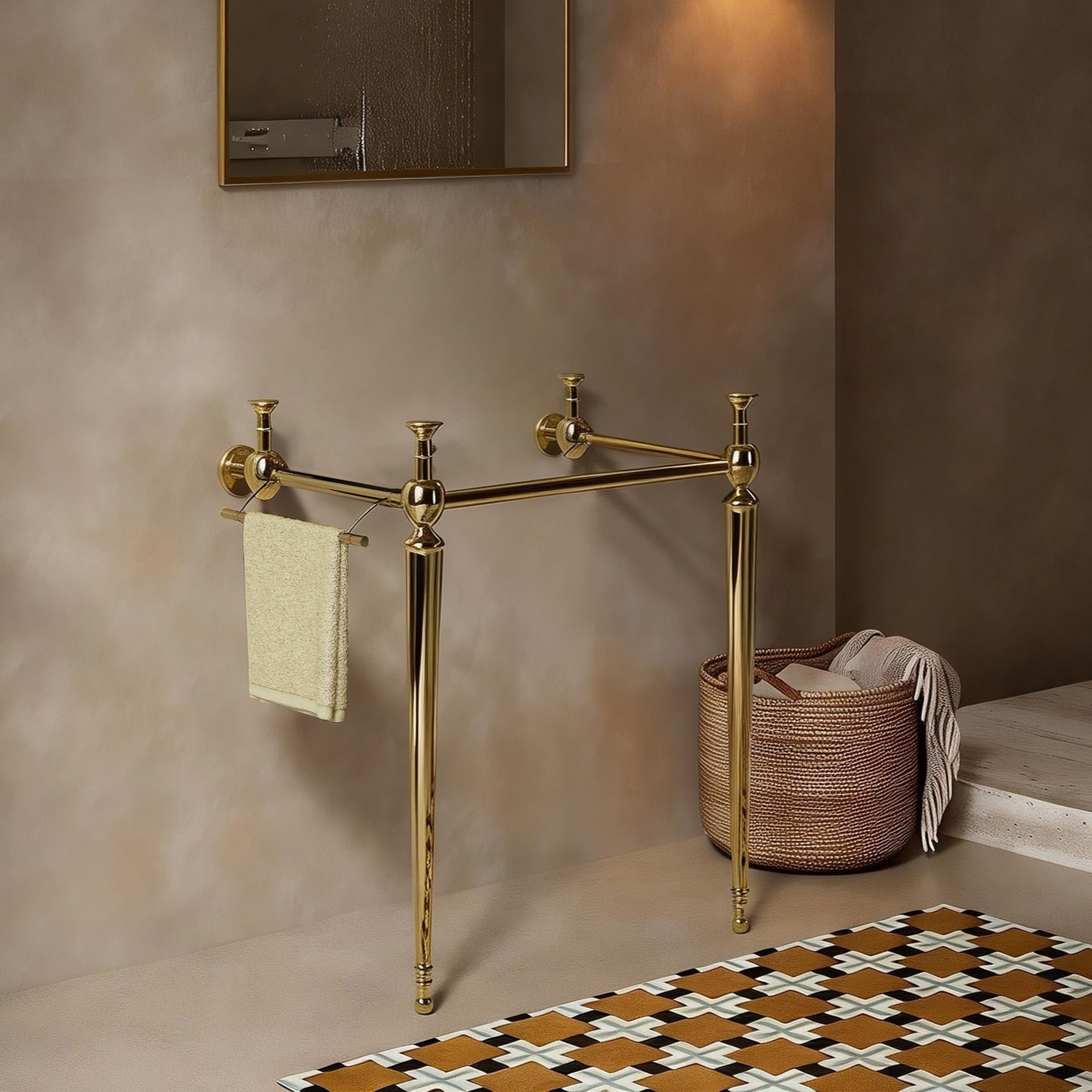 Noble House Vici 28" Freestanding Bathroom Console Vanity Open Frame with Towel Bar, Heavy-Duty Iron Legs, Gold