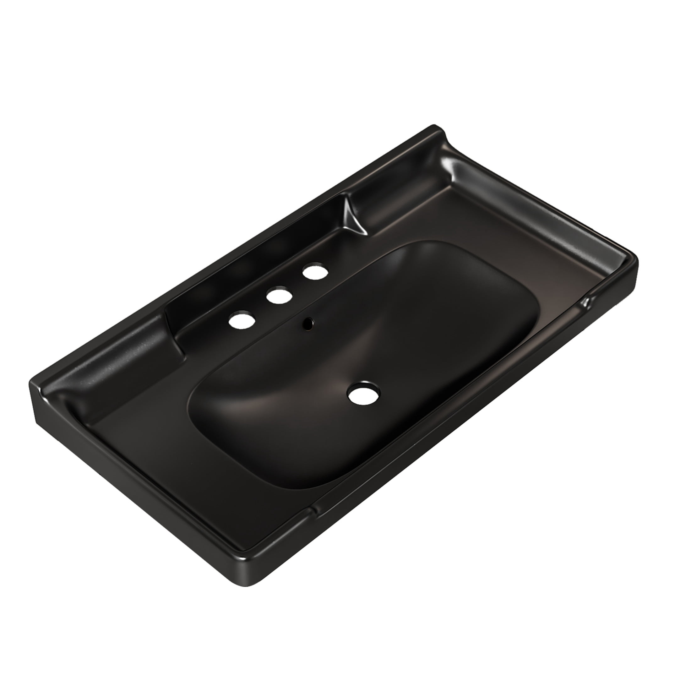 Noble House Vici 36" Bathroom Ceramic Basin Sink, 3 Faucet Holes with Wide Countertop Deck Toiletries Storage, Black
