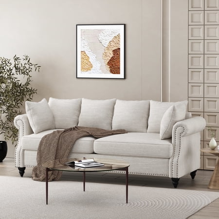 Noble House Viewland Fabric Pillowback 3 Seater Sofa with Nailhead Trim, Beige and Dark Brown