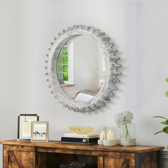 Noble House Vintage 17''  Wood Round Hanging Gear Shape Decorative Mirror Patchwork Effect With Large-size Mirrors Individually On Art Walls, White Washed