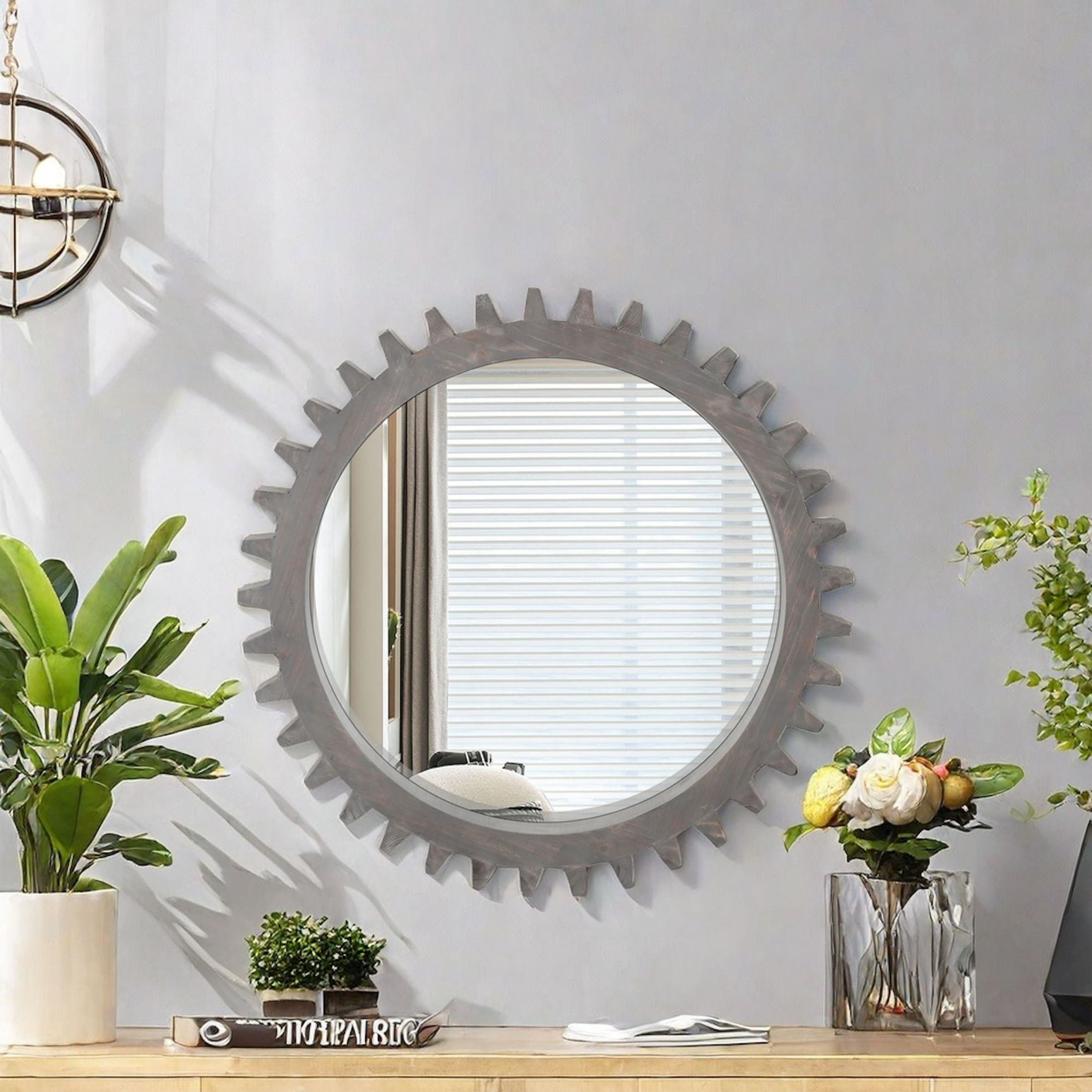 Noble House Vintage 26'' Wall Wood Round Hanging Gear Shape Heavy Decorative Mirror For Bathroom Living Room Entryway, Dark Brown