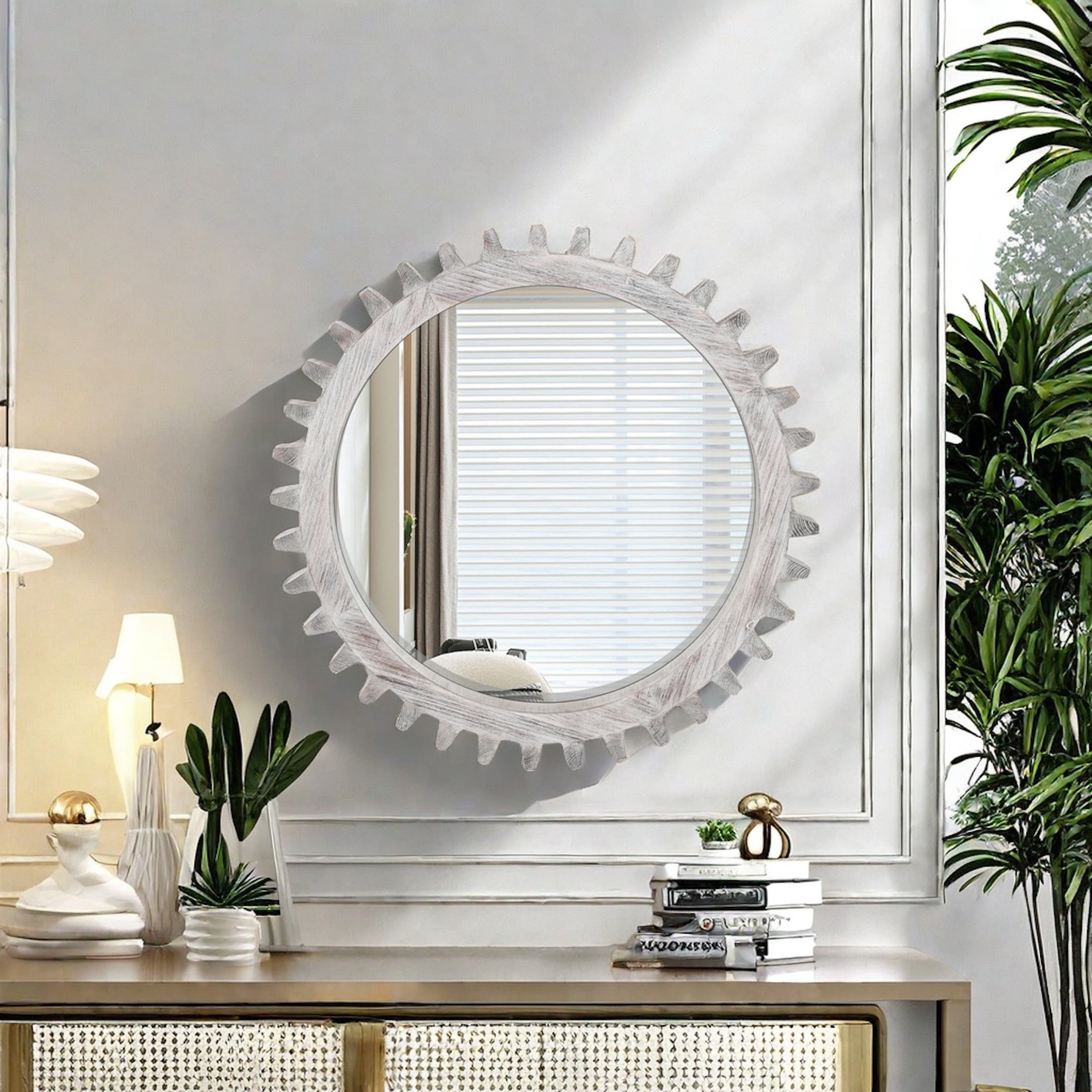 Noble House Vintage 26'' Wall Wood Round Hanging Gear Shape Heavy Decorative Mirror For Bathroom Living Room Entryway, White Washed