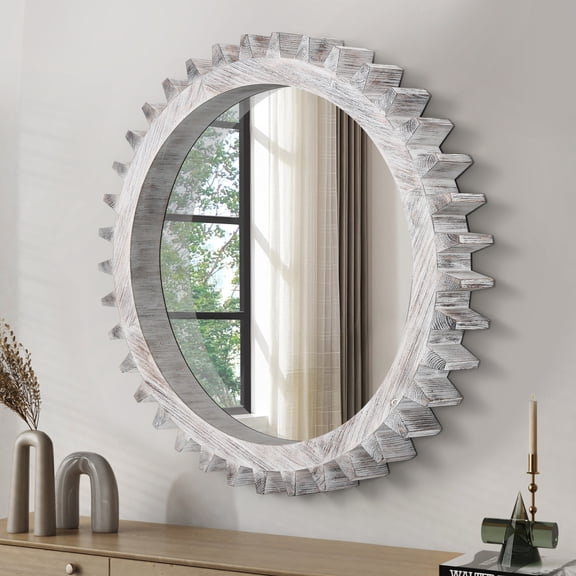 Noble House Vintage 42'' Wood Round Hanging Gear Shape Heavy Decorative Mirror For Bathroom Living Room Entryway, White Washed