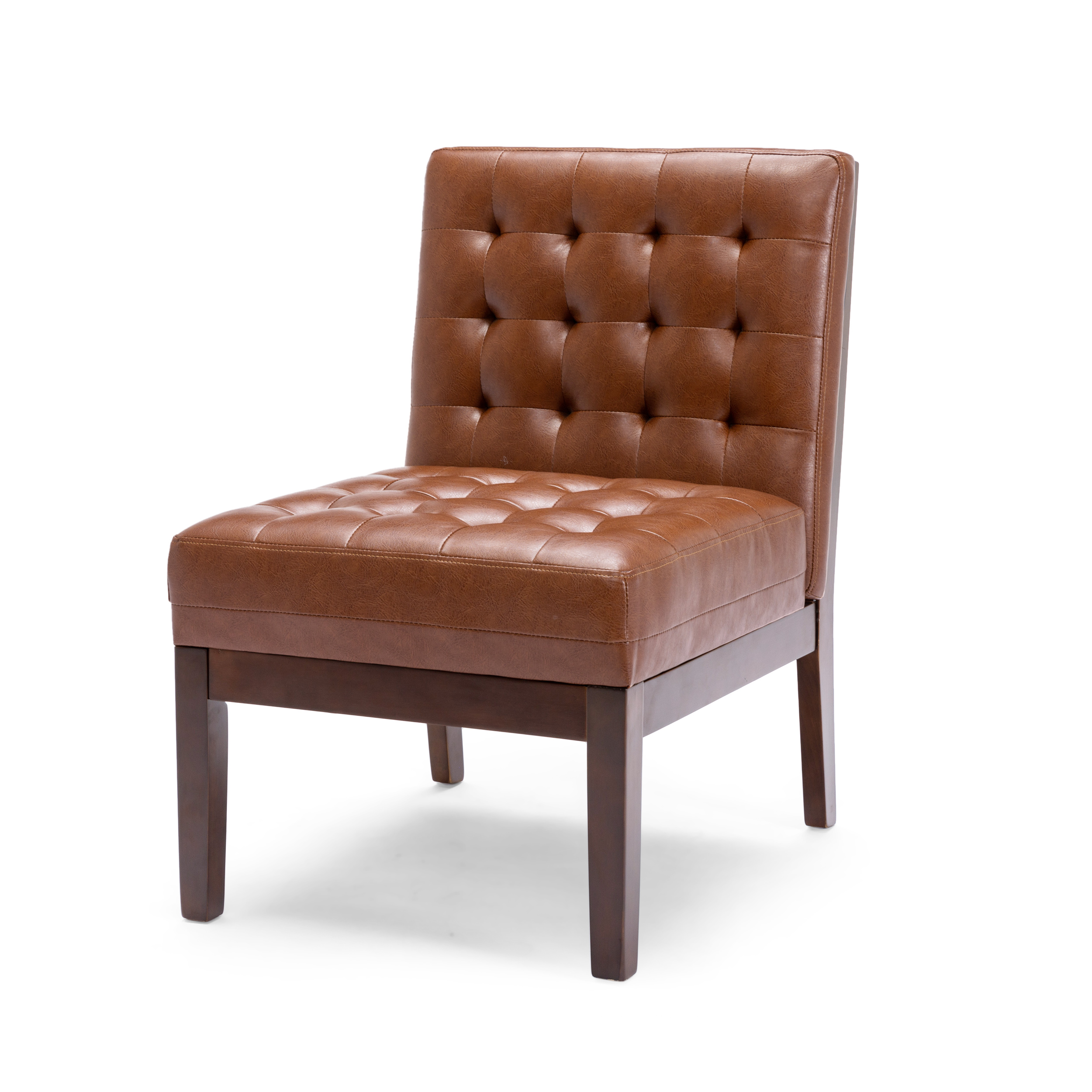 Noble House Voll Tufted Faux Leather Accent Chair in Cognac Brown with Rubberwood Espresso Legs
