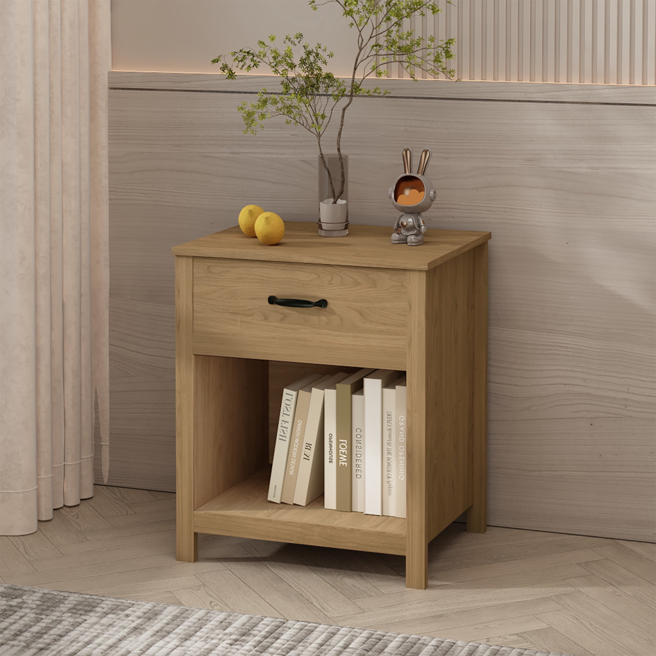 Noble House Wahid Modern Wood Nightstand with Smooth-Glide Drawer and Open Storage Shelf, Bedside Table, Brown
