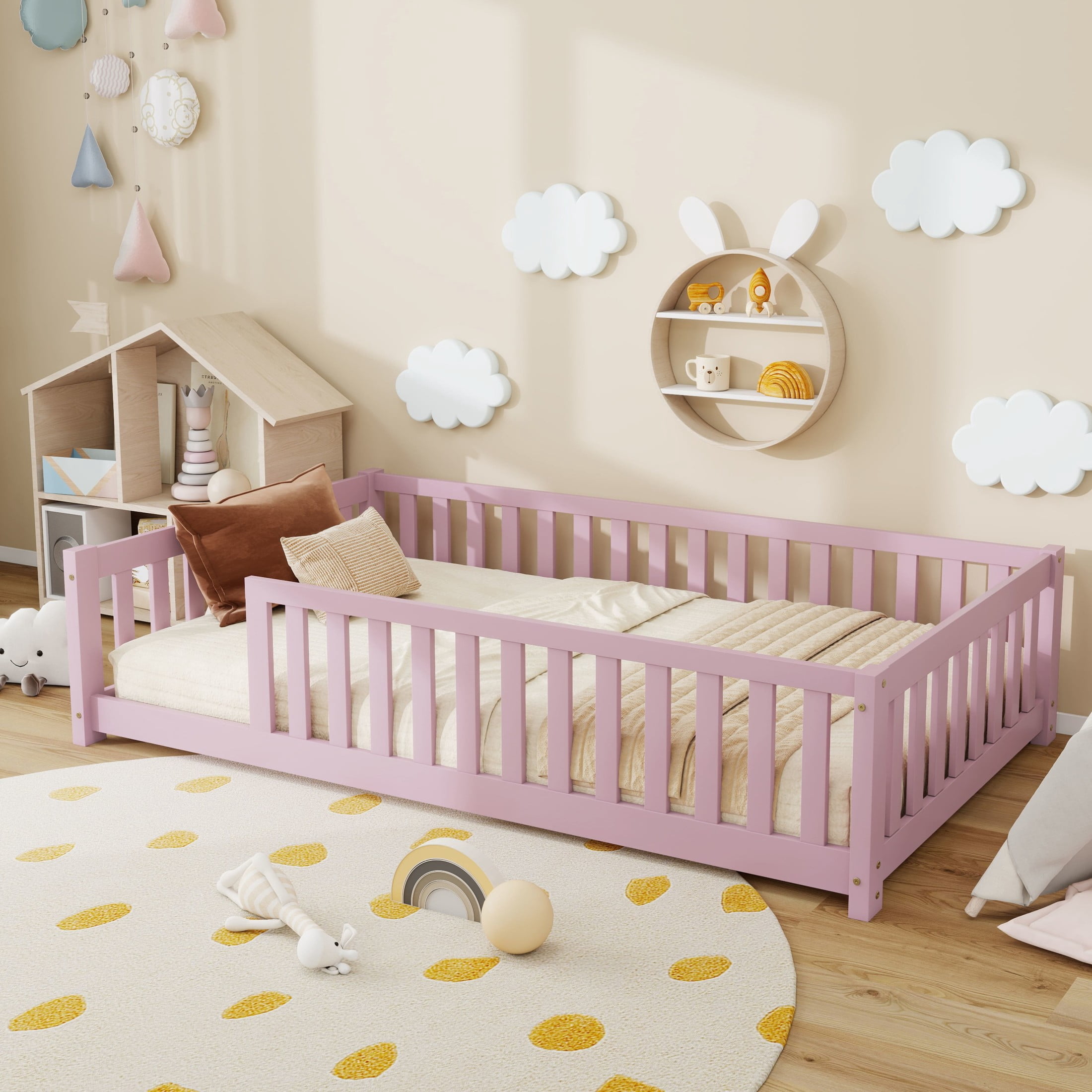 Noble House Wahid Twin Size Floor Bed with High Safety Guardrails, Rubber Wooden Bed Frame, Pink