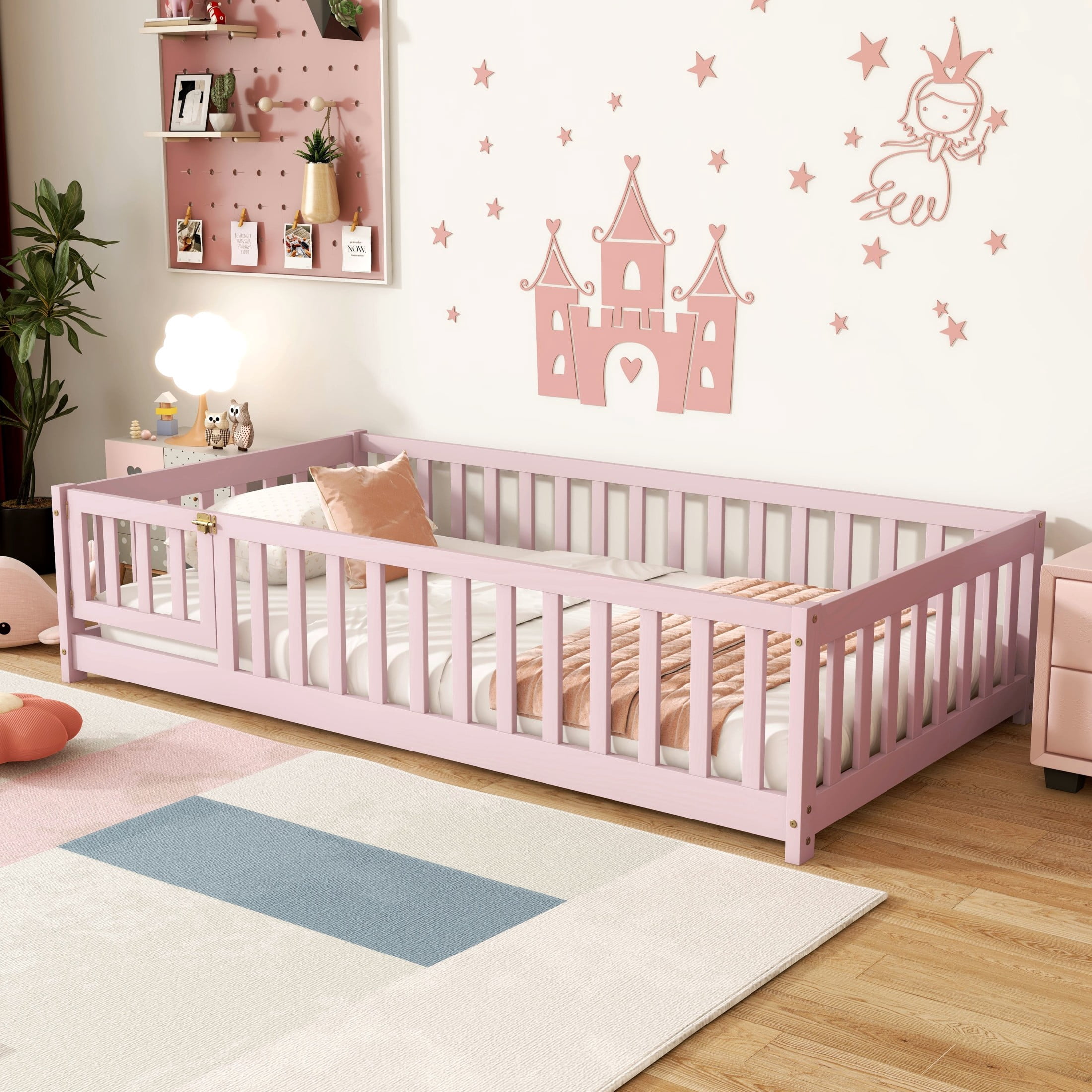 Noble House Wahid Twin Size Floor Bed with Safety Guardrails & Latching Door,  Rubber Wooden Bed Frame, Pink