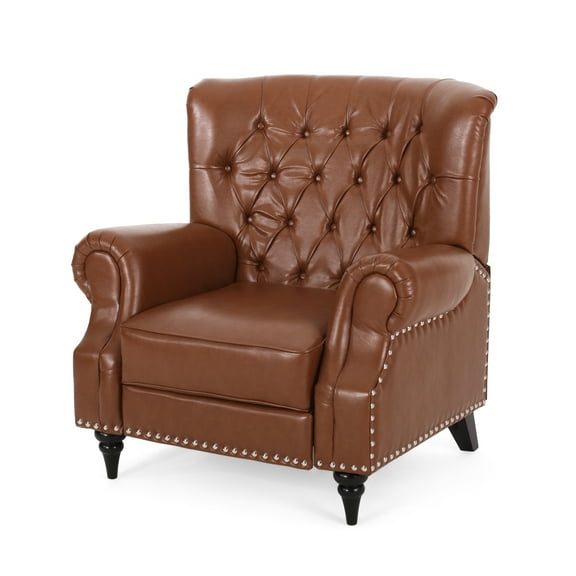 Noble House Waldron Faux Leather Tufted Recliner with Nailhead Trim, Cognac Brown Faux Leather and Espresso