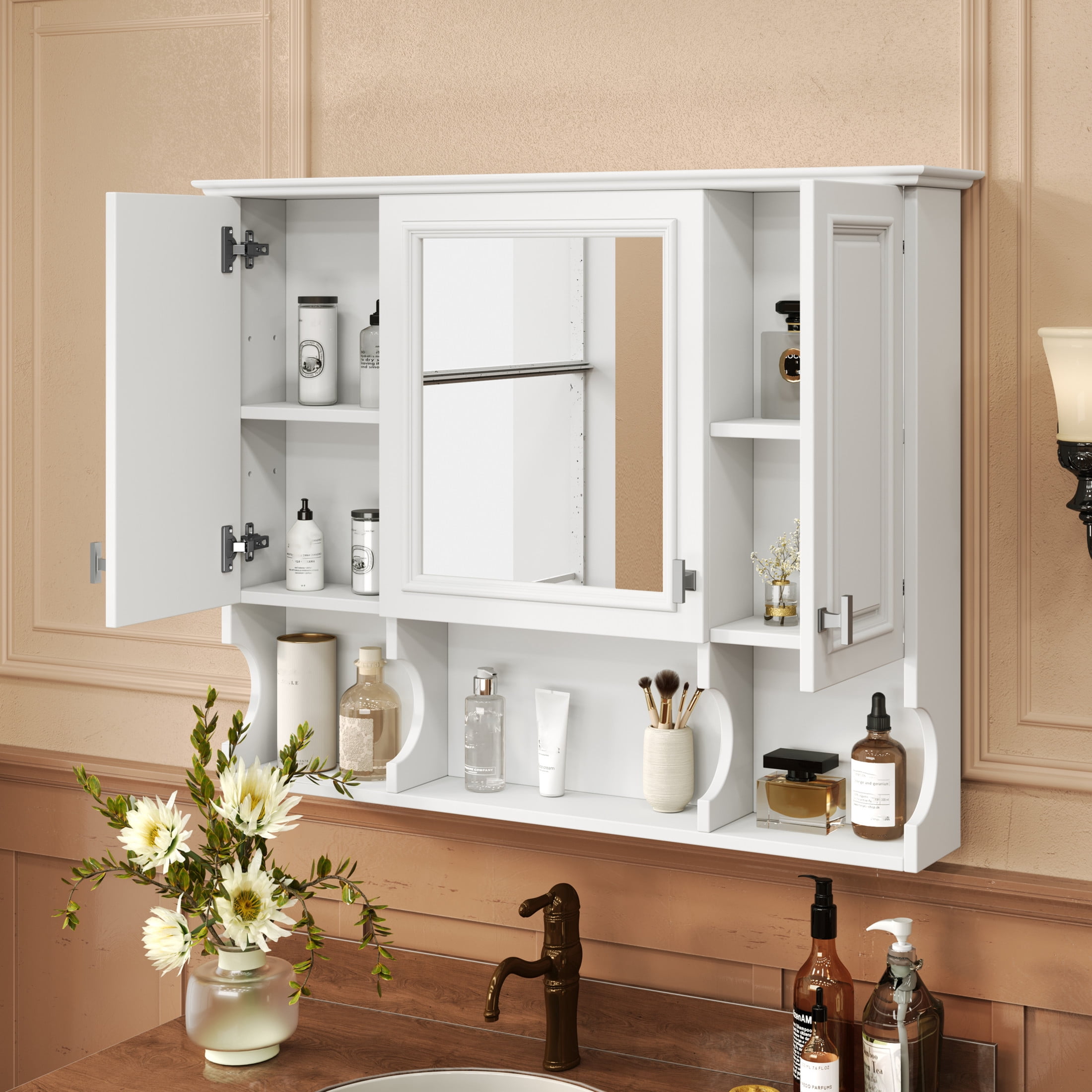 Noble House Wall Mounted Bathroom Medicine Cabinet with Mirror, Open Shelves, White