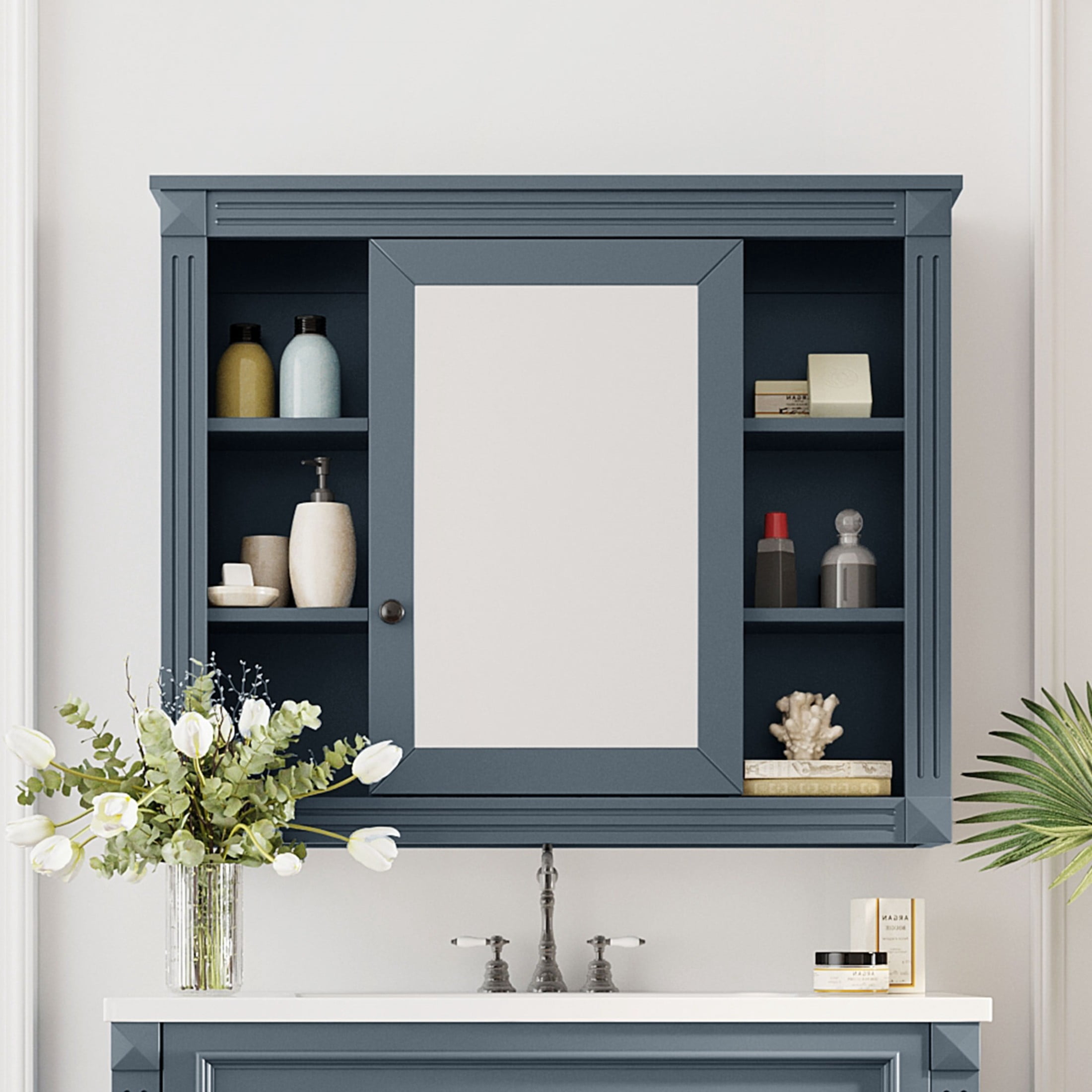 Noble House Wall Mounted Bathroom Mirror Cabinet with Open Shelves, Medicine Storage Cabinet, Blue