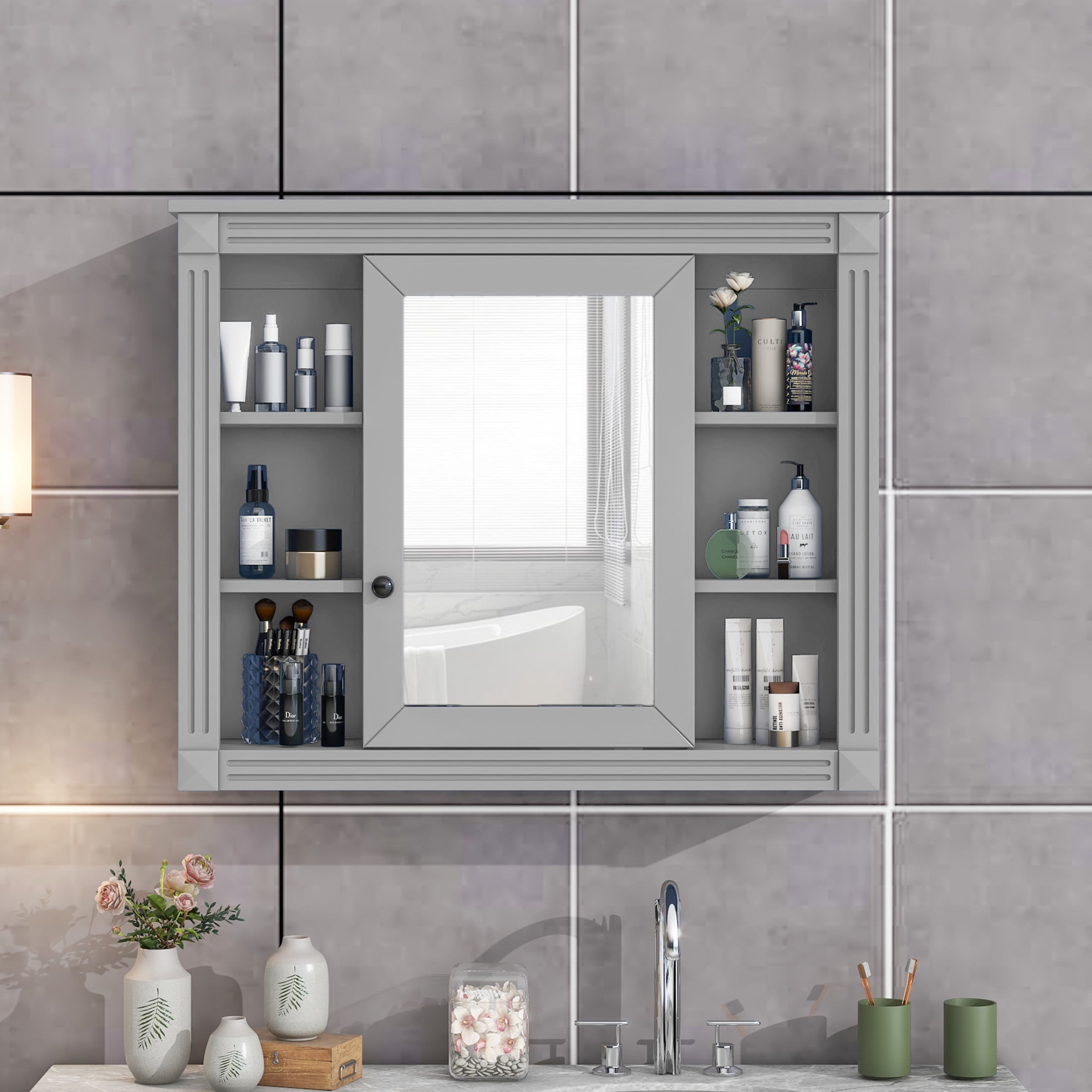 Noble House Wall Mounted Bathroom Mirror Cabinet with Open Shelves, Medicine Storage Cabinet, Gray