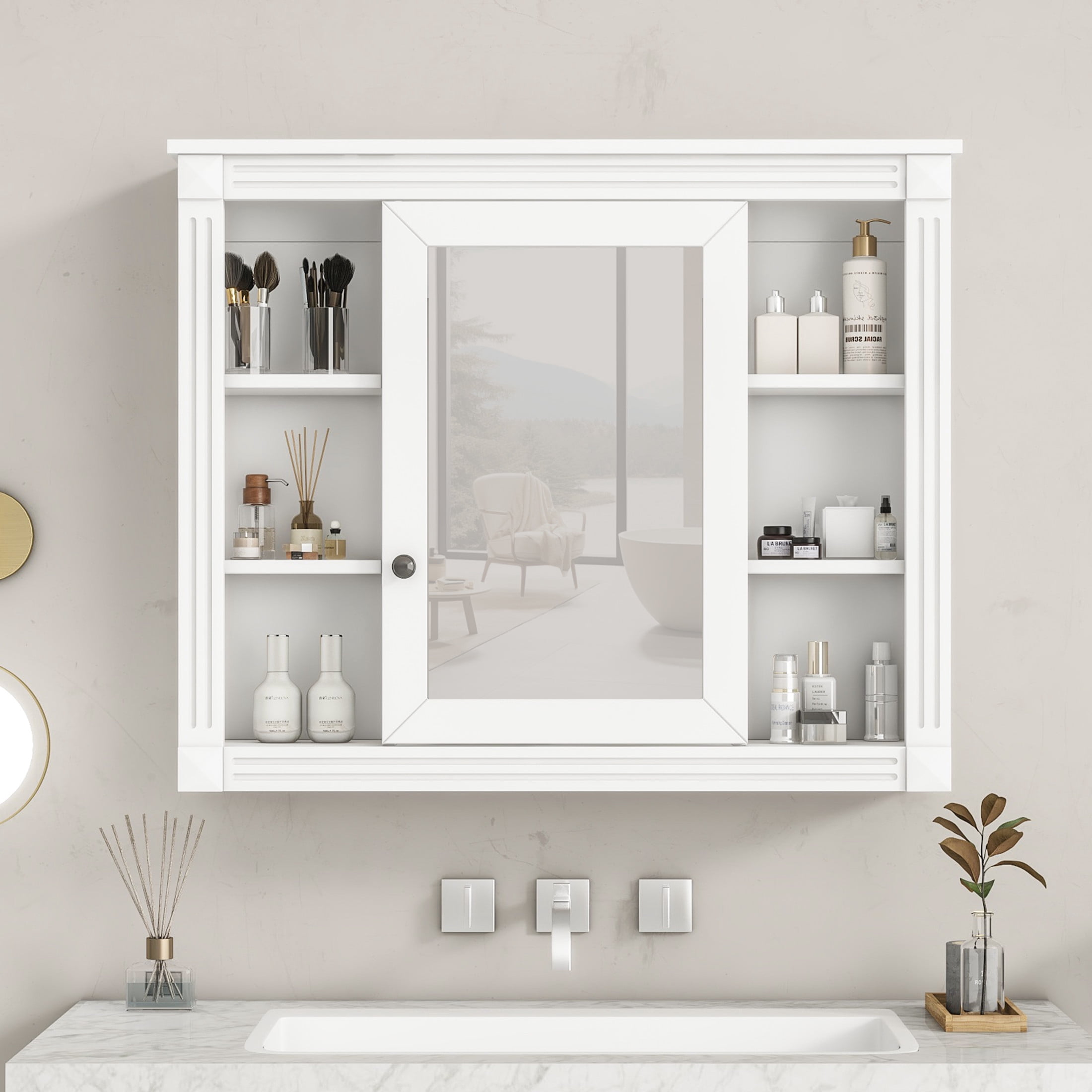 Noble House Wall Mounted Bathroom Mirror Cabinet with Open Shelves, Medicine Storage Cabinet, White