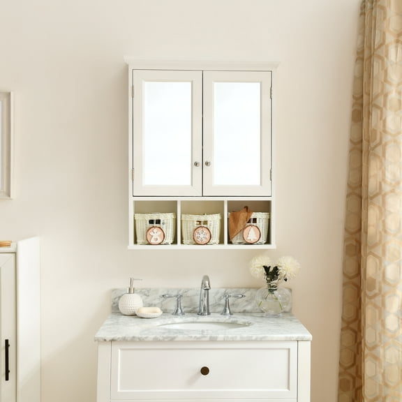 Noble House Wall-Mounted Bathroom Storage Cabinet with Mirror Doors, Adjustable Shelves, and Christmas Baskets, White