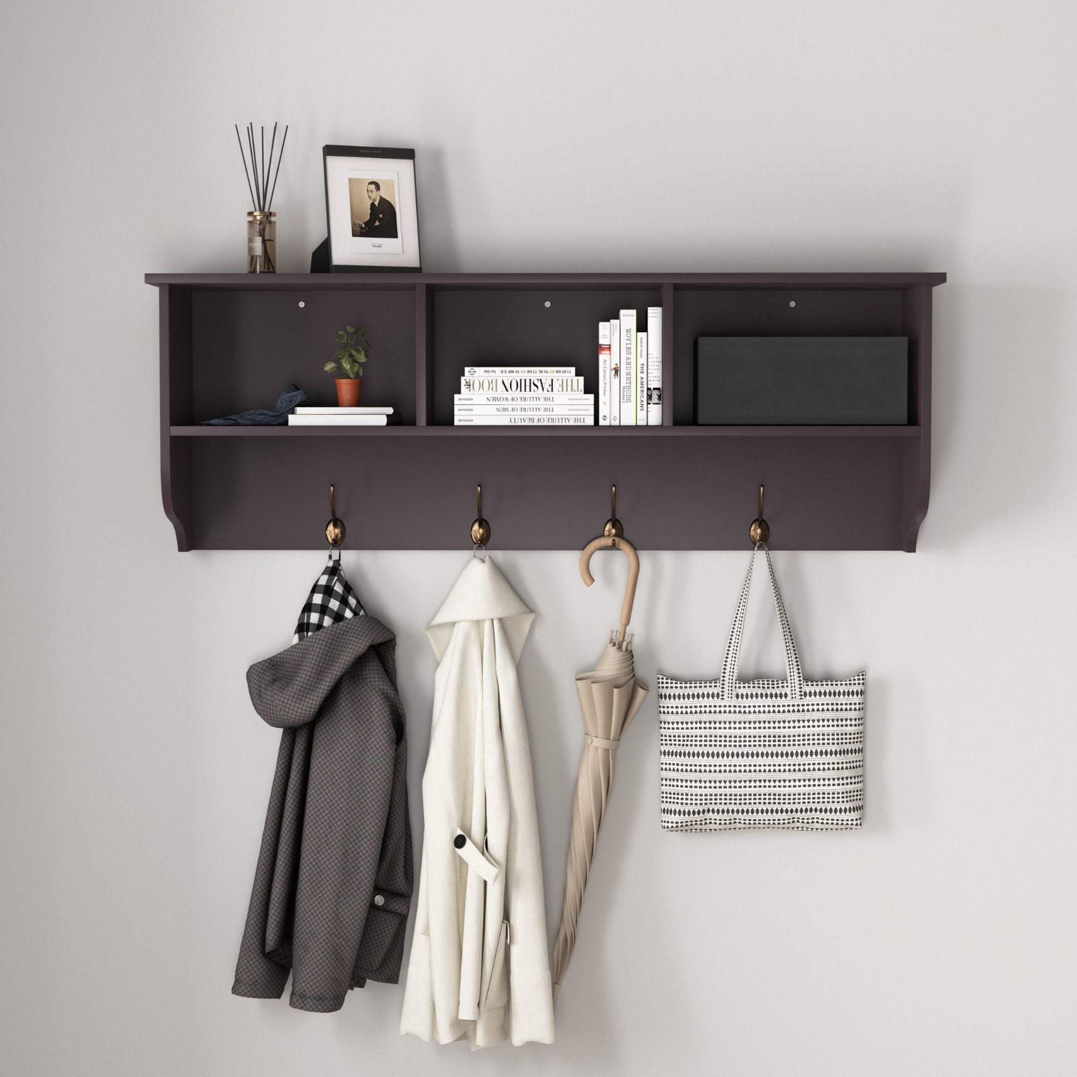 Noble House Wall Mounted Entryway Coat Rack with Storage Shelf and 4 Dual Hooks, MDF Wood, Espresso