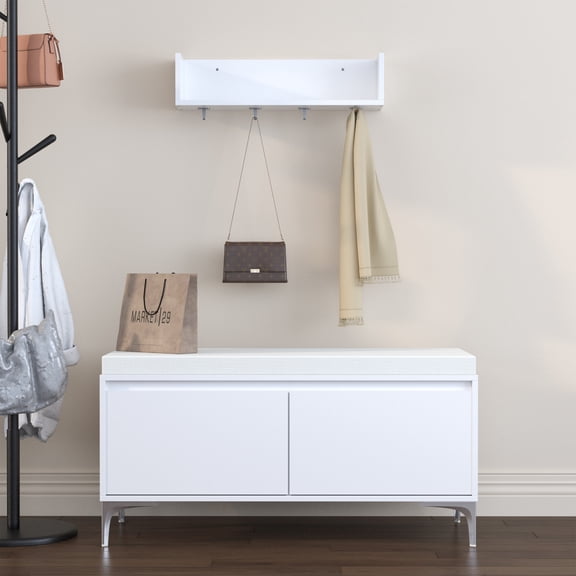 Noble House Wall-Mounted Entryway Shelf with Hooks and Storage Bench Set, Shoe Cabinet with Cushion, White