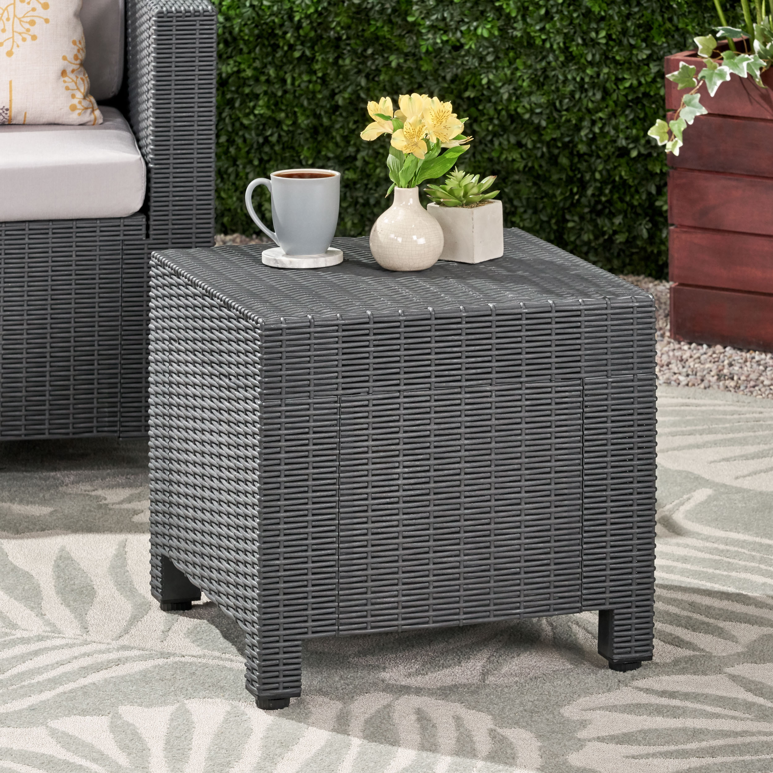 Noble House Waverly Outdoor Wicker Print Side Table in Dark Gray - image 1 of 10