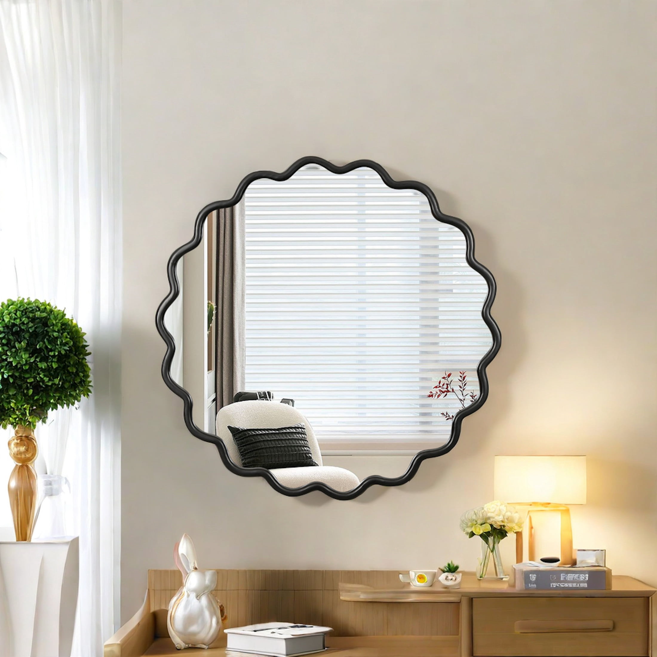 Noble House Wavy Solid Wood Vanity Mirror, Modern Wall Decor for Bathroom, Bedroom, or Entryway, Black