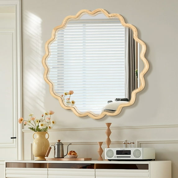Noble House Wavy Solid Wood Vanity Mirror, Modern Wall Decor for Bathroom, Bedroom, or Entryway, Natural Wood