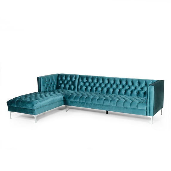Noble House Weichman Contemporary Velvet Tufted Chaise Sectional Sofas, Teal