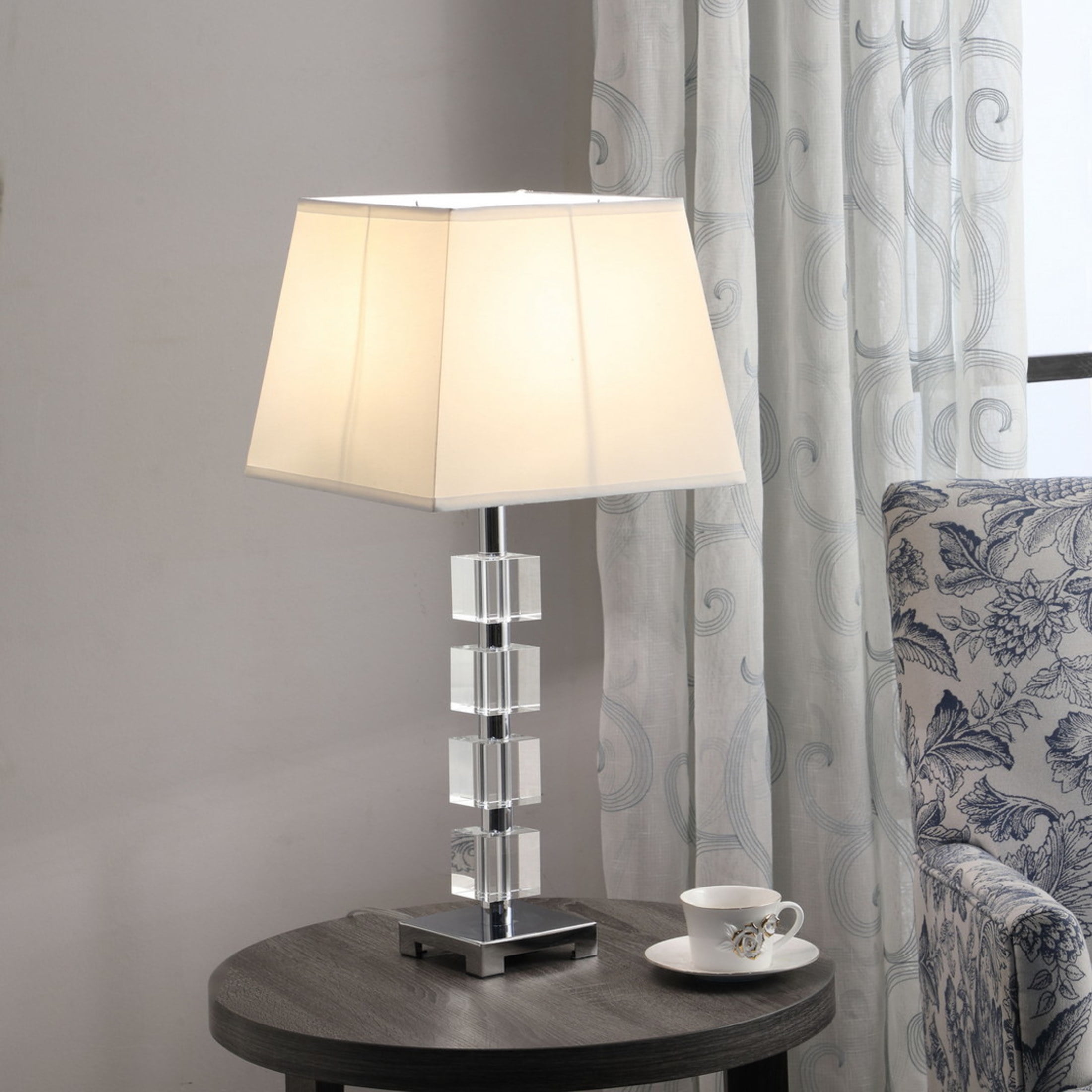 Noble House Wendi 25" Glam Crystal Table Lamp, Cube-Ice Design, Chrome Metal, Square Shade, for Living Room, White