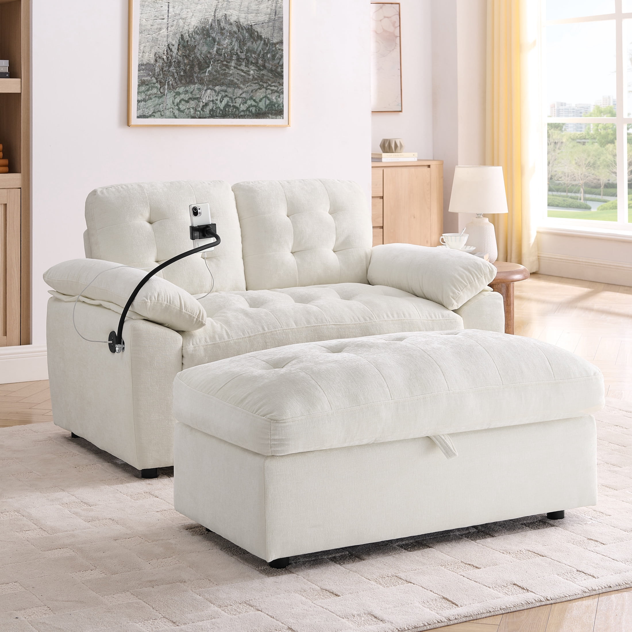 Noble House Wesley Double Sofa Recliner, Adjustable Chenille Fabric Chair with Charging Port and Storage Ottoman, Beige