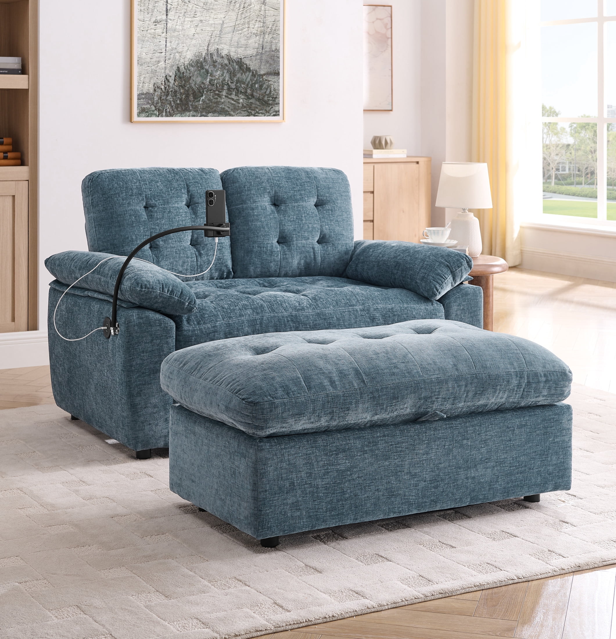 Noble House Wesley Double Sofa Recliner, Adjustable Chenille Fabric Chair with Charging Port and Storage Ottoman, Blue
