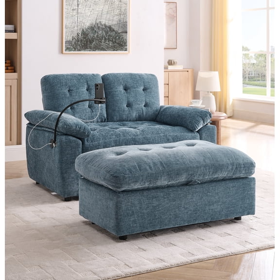 Noble House Wesley Double Sofa Recliner, Adjustable Chenille Fabric Chair with Charging Port and Storage Ottoman, Blue