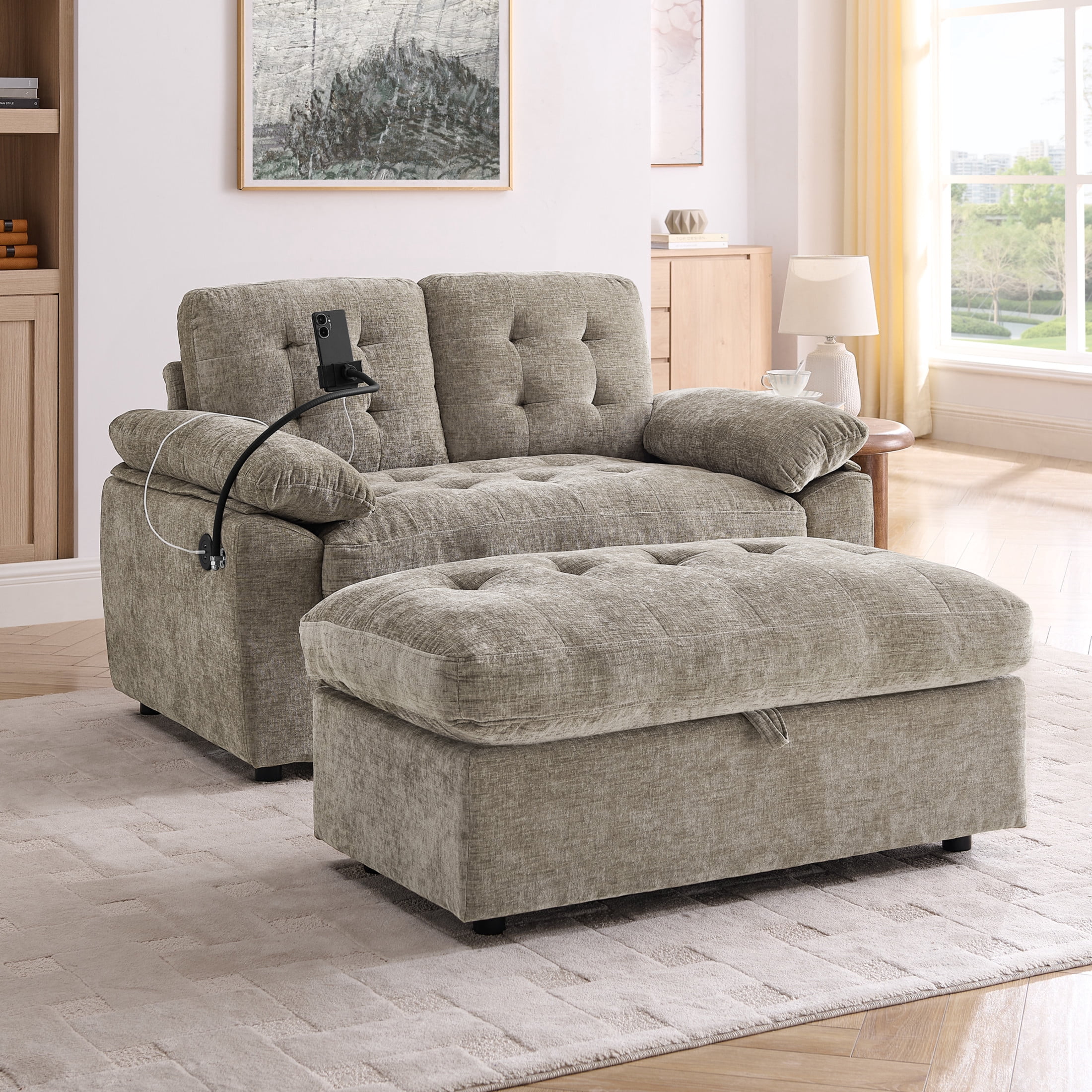 Noble House Wesley Double Sofa Recliner, Adjustable Chenille Fabric Chair with Charging Port and Storage Ottoman, Brown