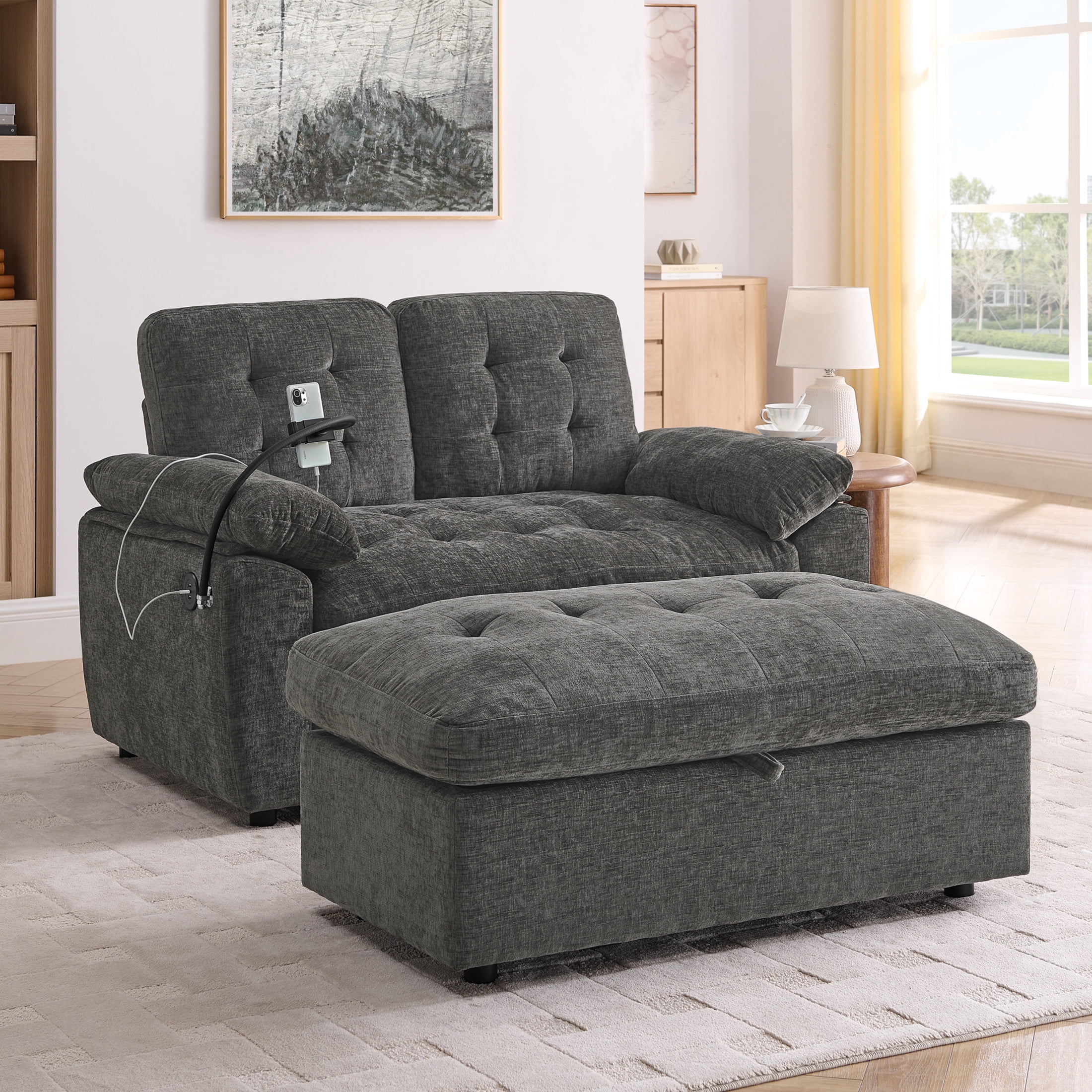 Noble House Wesley Double Sofa Recliner, Adjustable Chenille Fabric Chair with Charging Port and Storage Ottoman, Gray