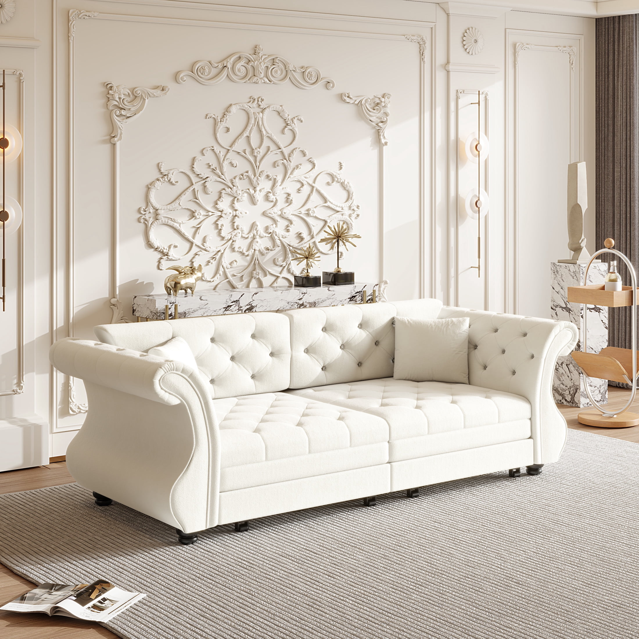Noble House Wesley Oversized Velvet Chesterfield Pull Out Sofa Bed, Flower Tufted Roll Arm Sleeper Couch, Beige White