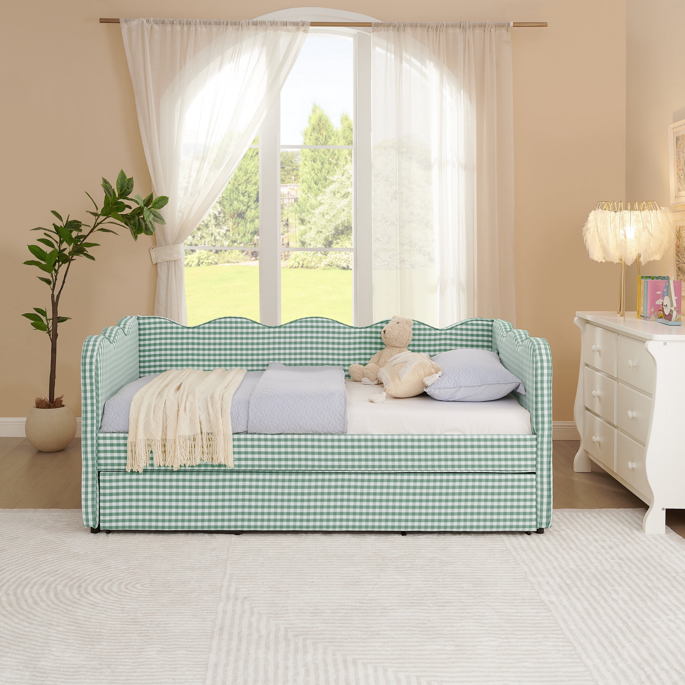 Noble House Wesley Twin Size Waved Daybed, Cozy Gingham Linen Sofa Bed with Twin Trundle and Charging Port, Cyan