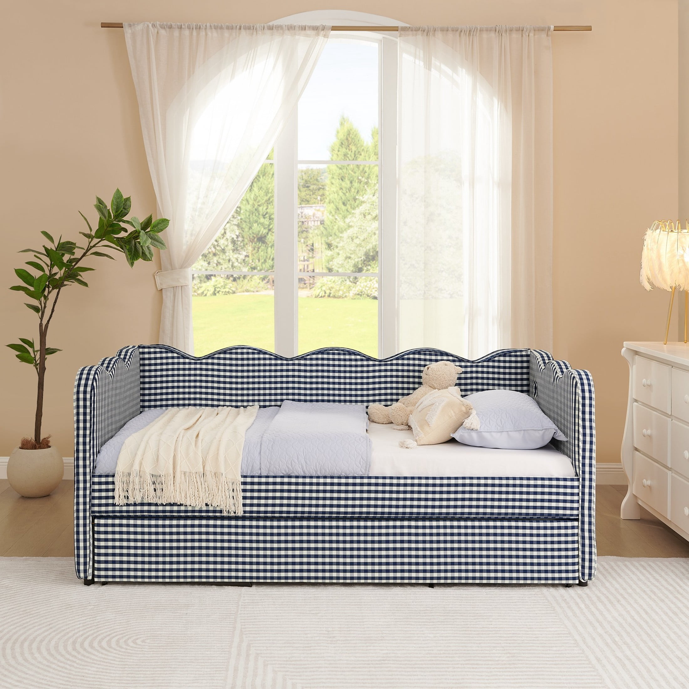 Noble House Wesley Twin Size Waved Daybed, Cozy Gingham Linen Sofa Bed with Twin Trundle and Charging Port, Navy Blue