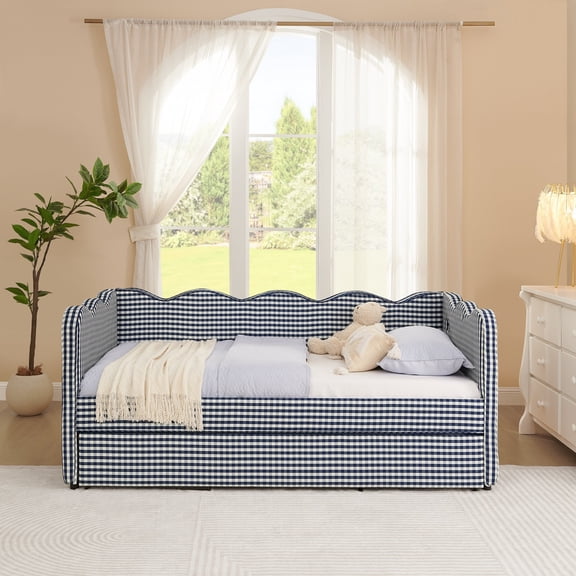 Noble House Wesley Twin Size Waved Daybed, Cozy Gingham Linen Sofa Bed with Twin Trundle and Charging Port, Navy Blue