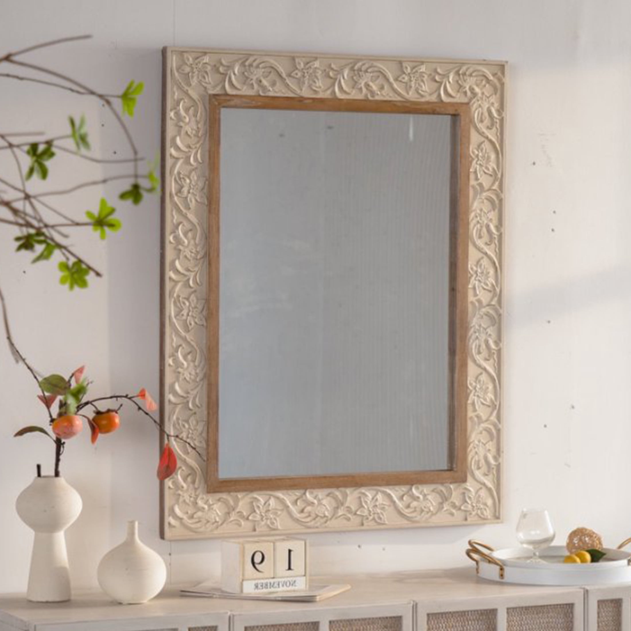 Noble House Westmere Vintage Carved Pattern Rectangular Wall Mirror, Ornate Floral Retro Frame, Beige & Brown