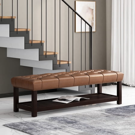 Noble House Wichita Faux Leather Button Tufted Bench with Shelf, Cognac Brown and Dark Walnut