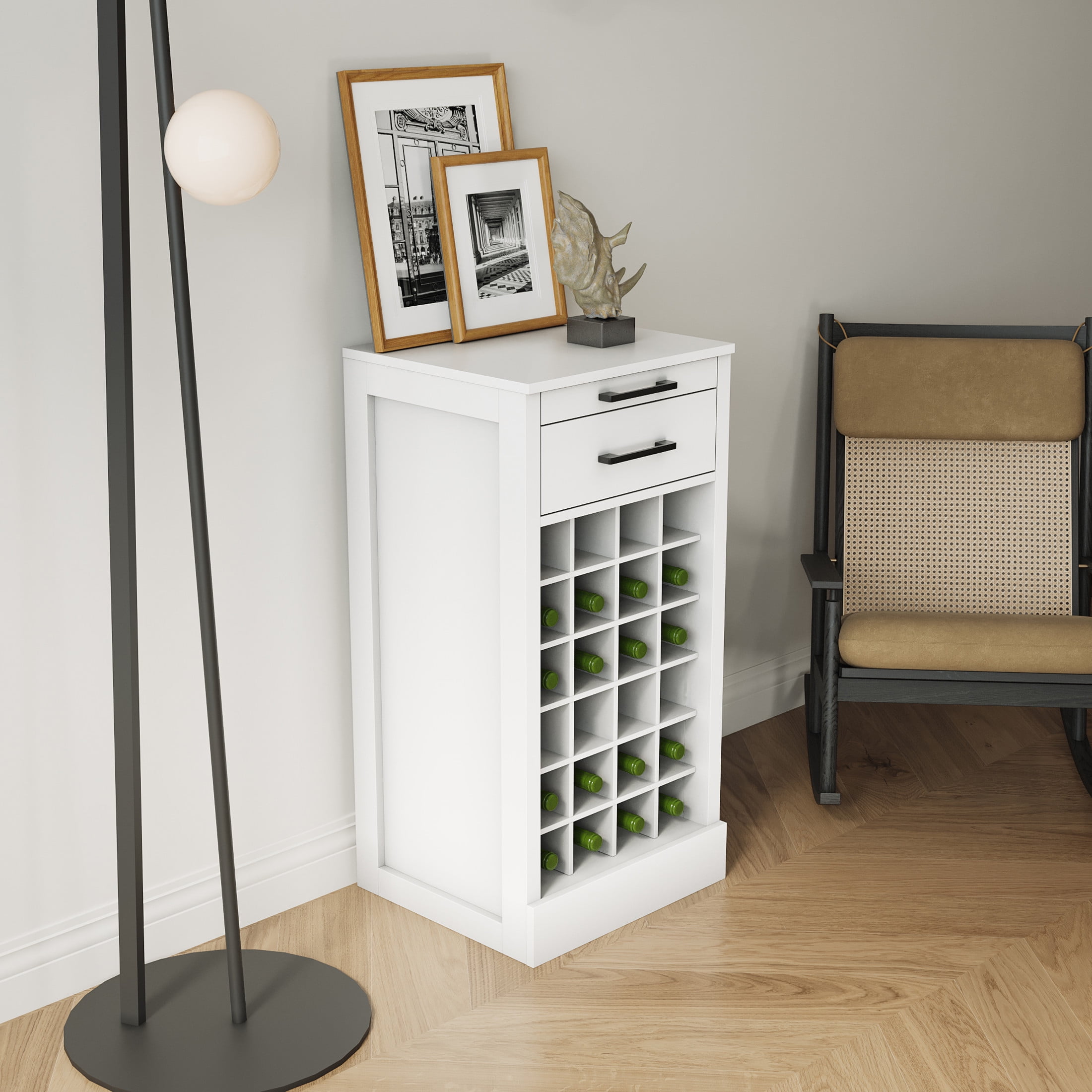 Noble House Wilbur 35.4" 24-Bottle Wine Cabinet, Modular Buffet, Grid Compact Bar Storage, Dining Room, White