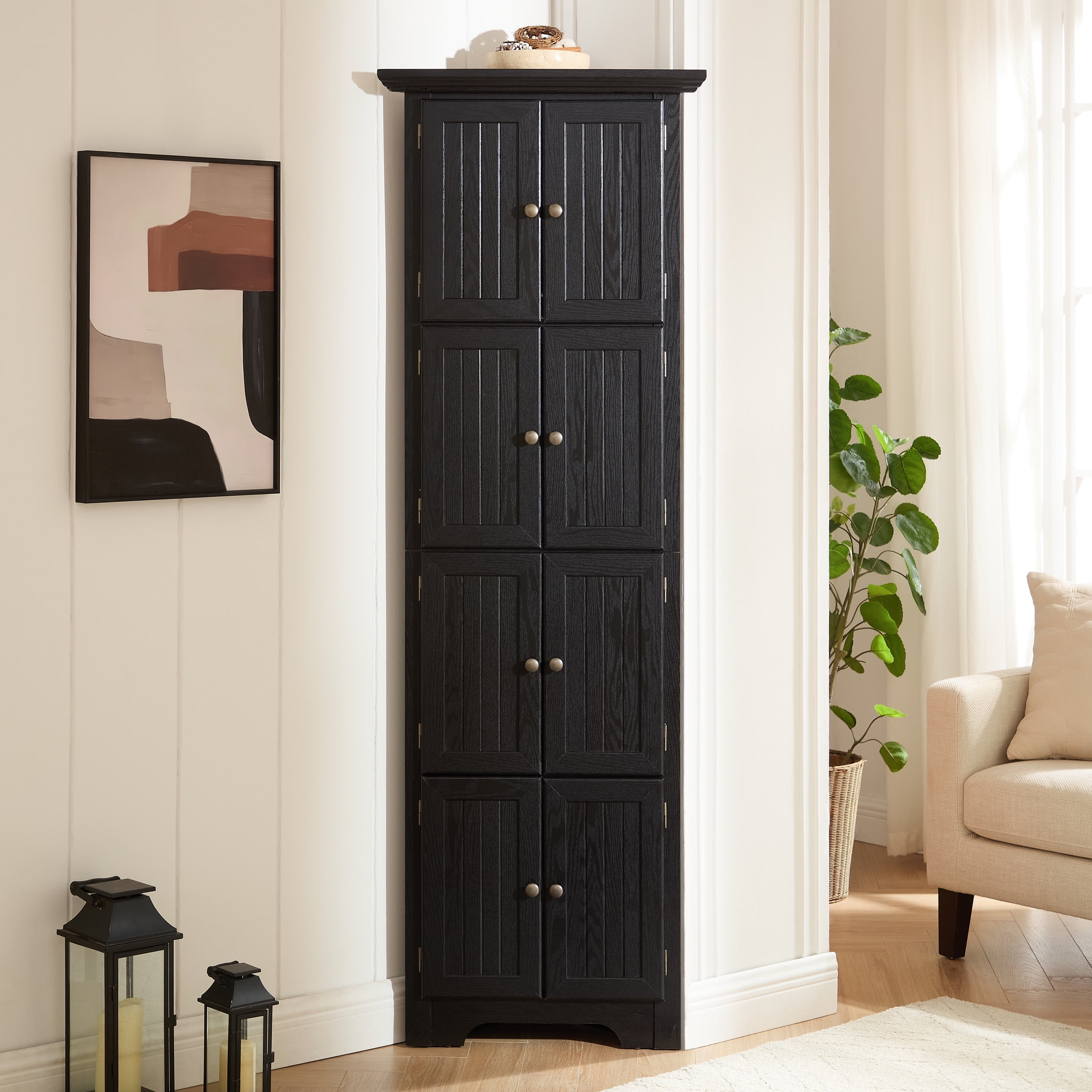 Noble House Willow 72" Corner Pantry Cabinet, 4-Tier Tall Kitchen Storage Bookshelf with Soft Close Doors, Black