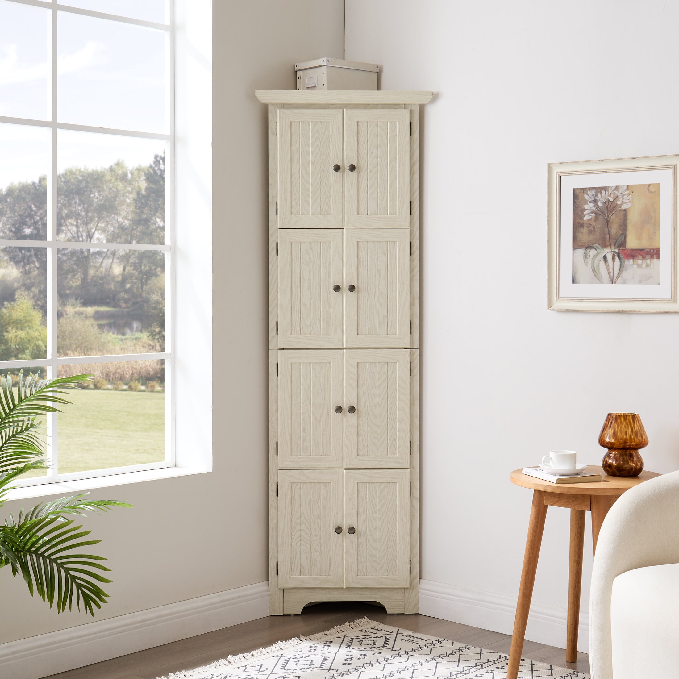 Noble House Willow 72" Corner Pantry Cabinet, 4-Tier Tall Kitchen Storage Bookshelf with Soft Close Doors, White