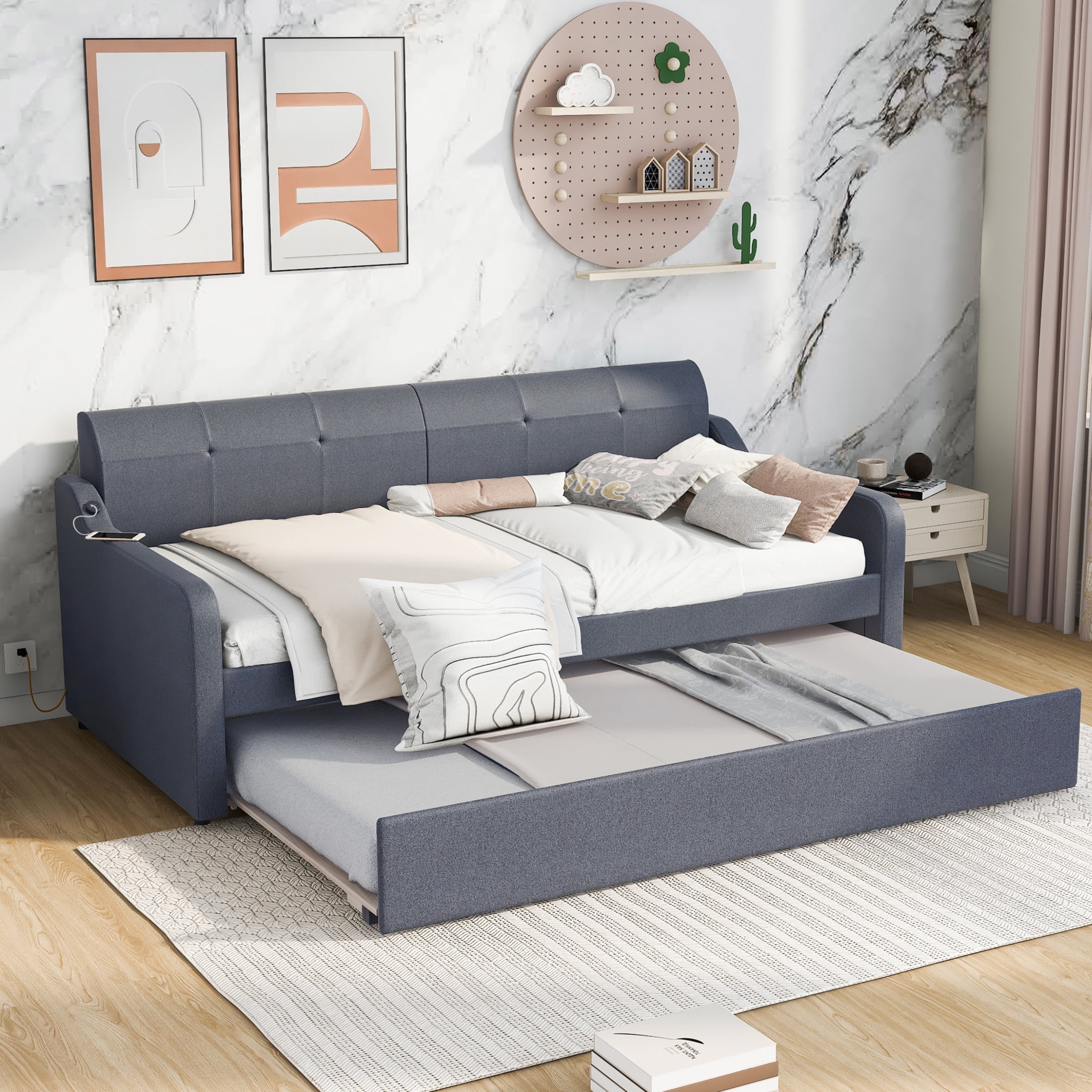 Noble House Winden Twin Linen Upholstered Daybed with Adjustable Pull-Out Trundle and USB Charging Port, Gray