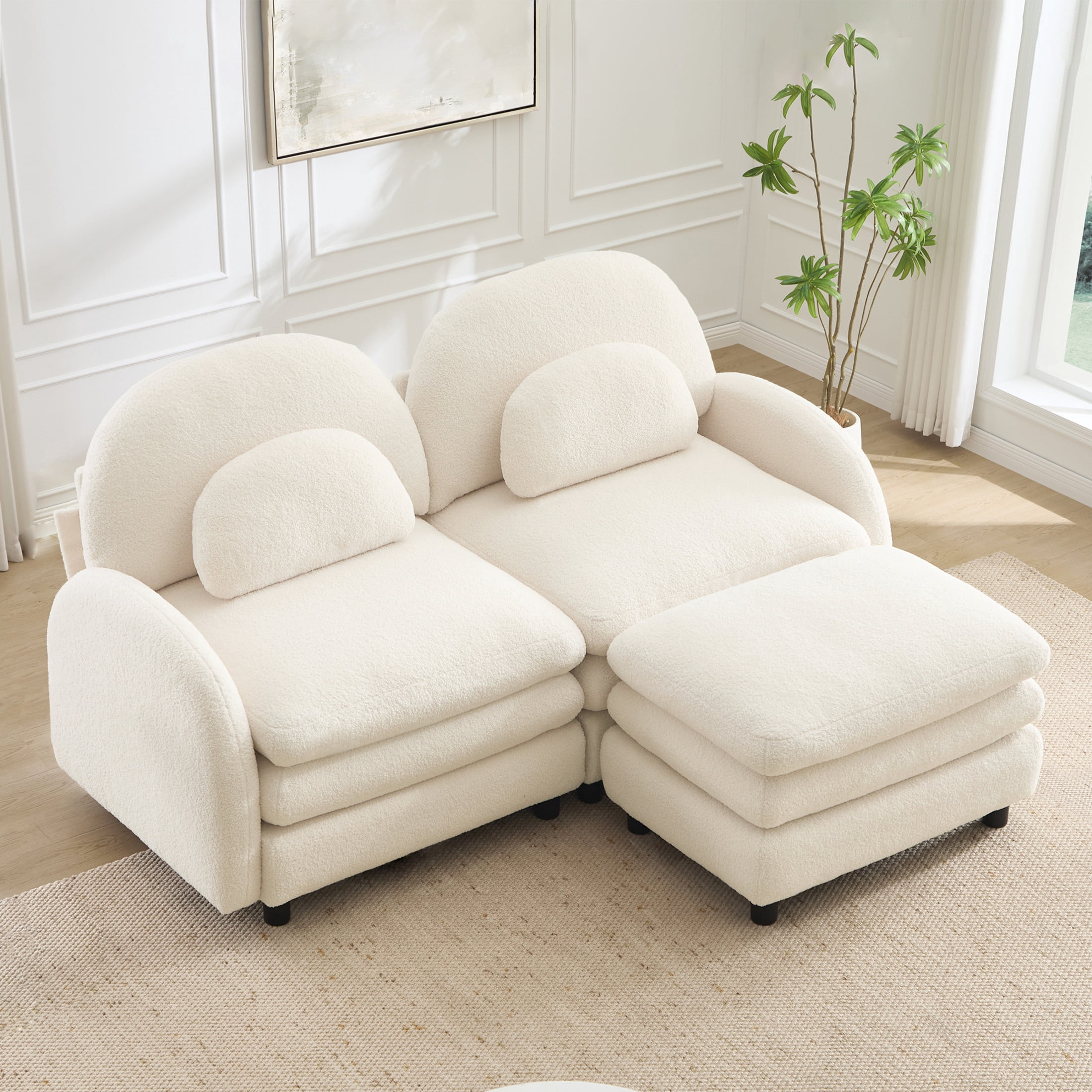 Noble House Windsor Teddy Fabric 2-Seater Sectional Sofa, Modular Cloud Couch with Ottoman and Lumbar Pillows, Beige