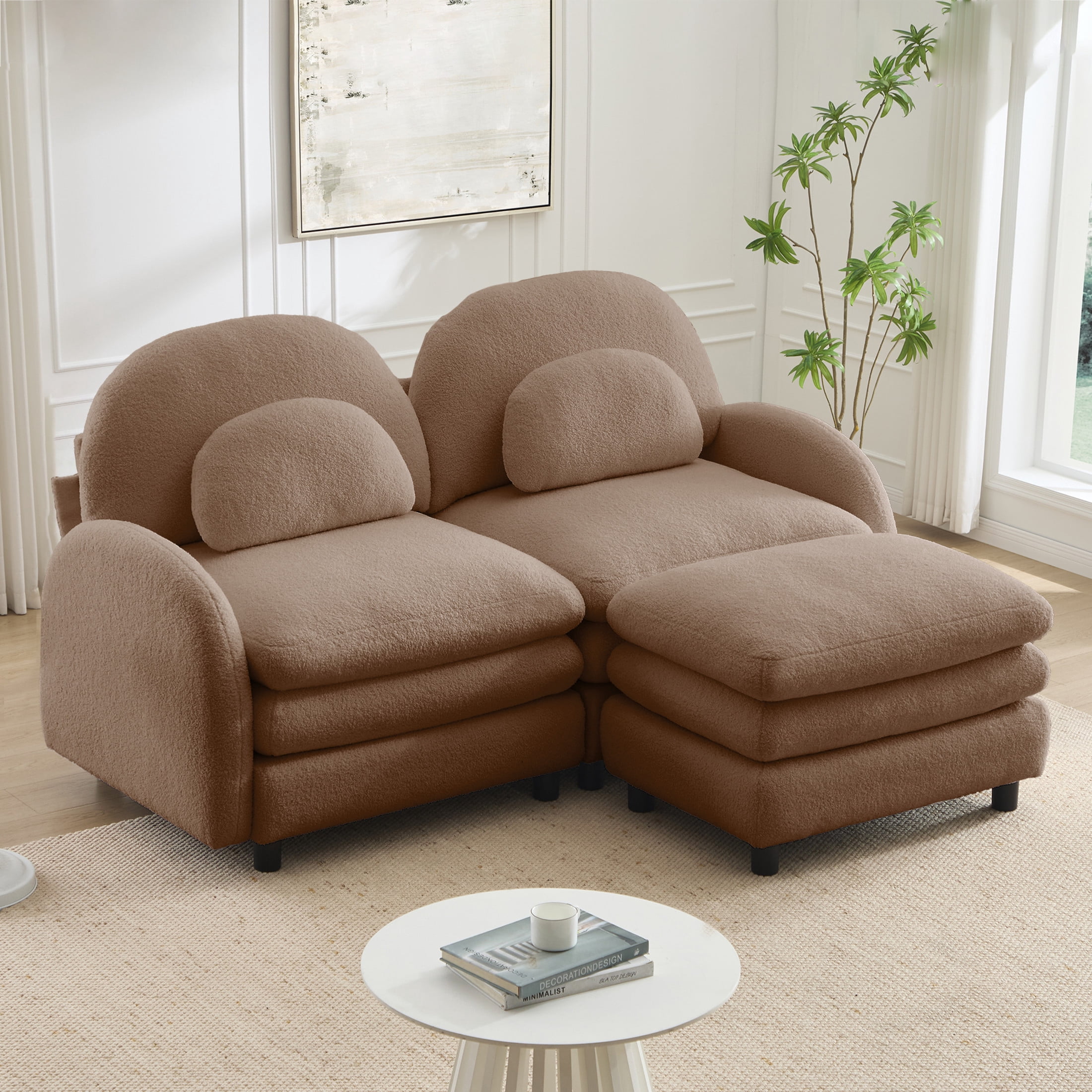 Noble House Windsor Teddy Fabric 2-Seater Sectional Sofa, Modular Cloud Couch with Ottoman and Lumbar Pillows, Camel