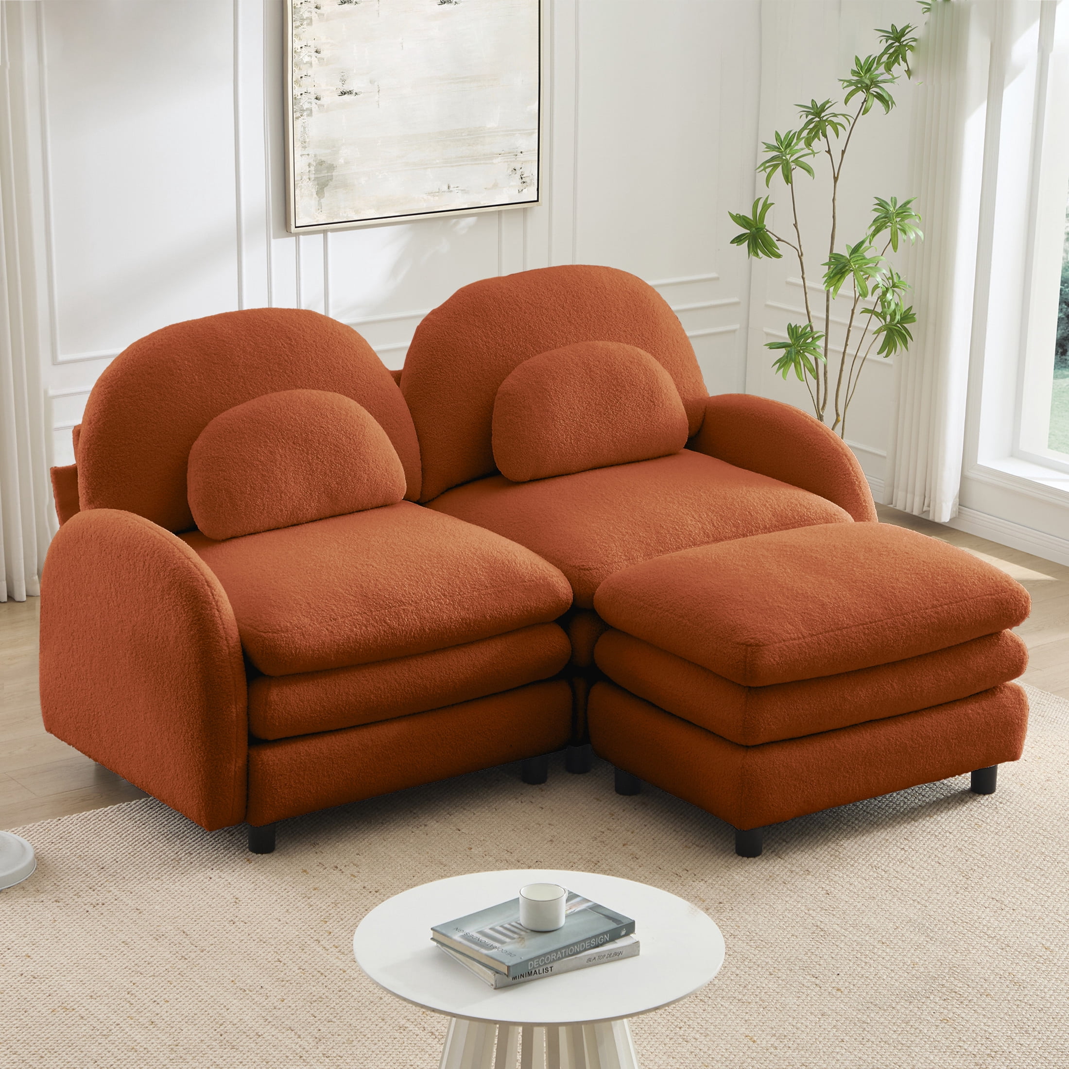 Noble House Windsor Teddy Fabric 2-Seater Sectional Sofa, Modular Cloud Couch with Ottoman and Lumbar Pillows, Orange
