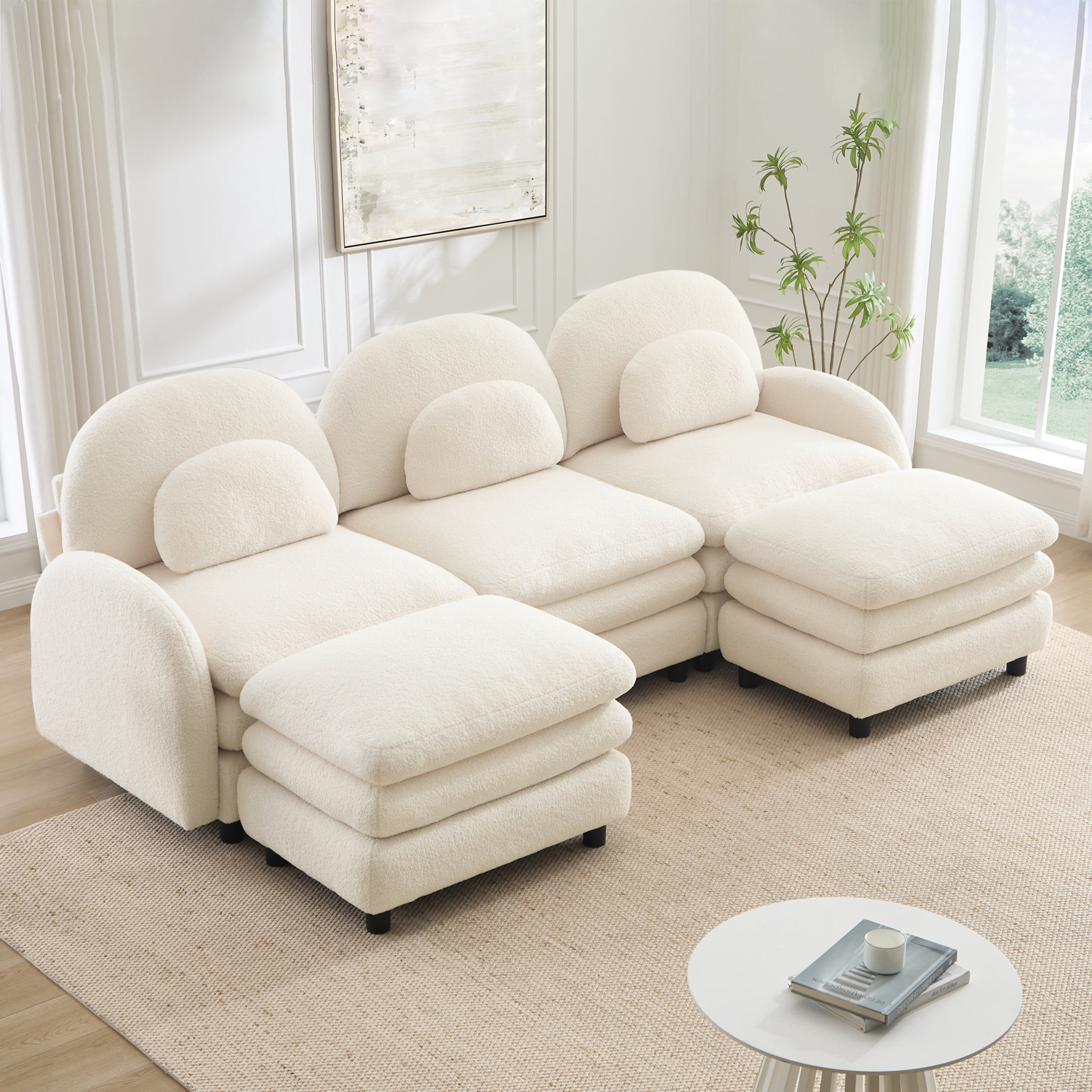Noble House Windsor Teddy Fabric 3-Seater Sectional Sofa, Modular Cloud Couch with 2 Ottomans and Lumbar Pillows, Beige