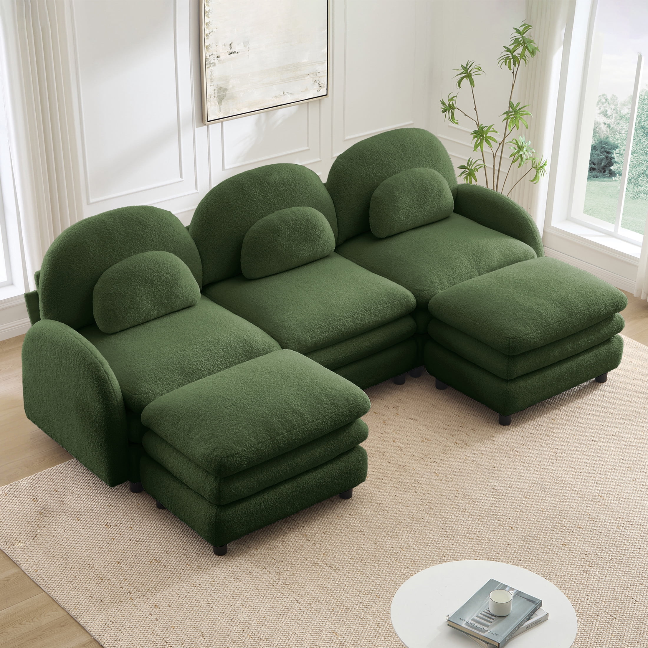 Noble House Windsor Teddy Fabric 3-Seater Sectional Sofa, Modular Cloud Couch with 2 Ottomans and Lumbar Pillows, Green